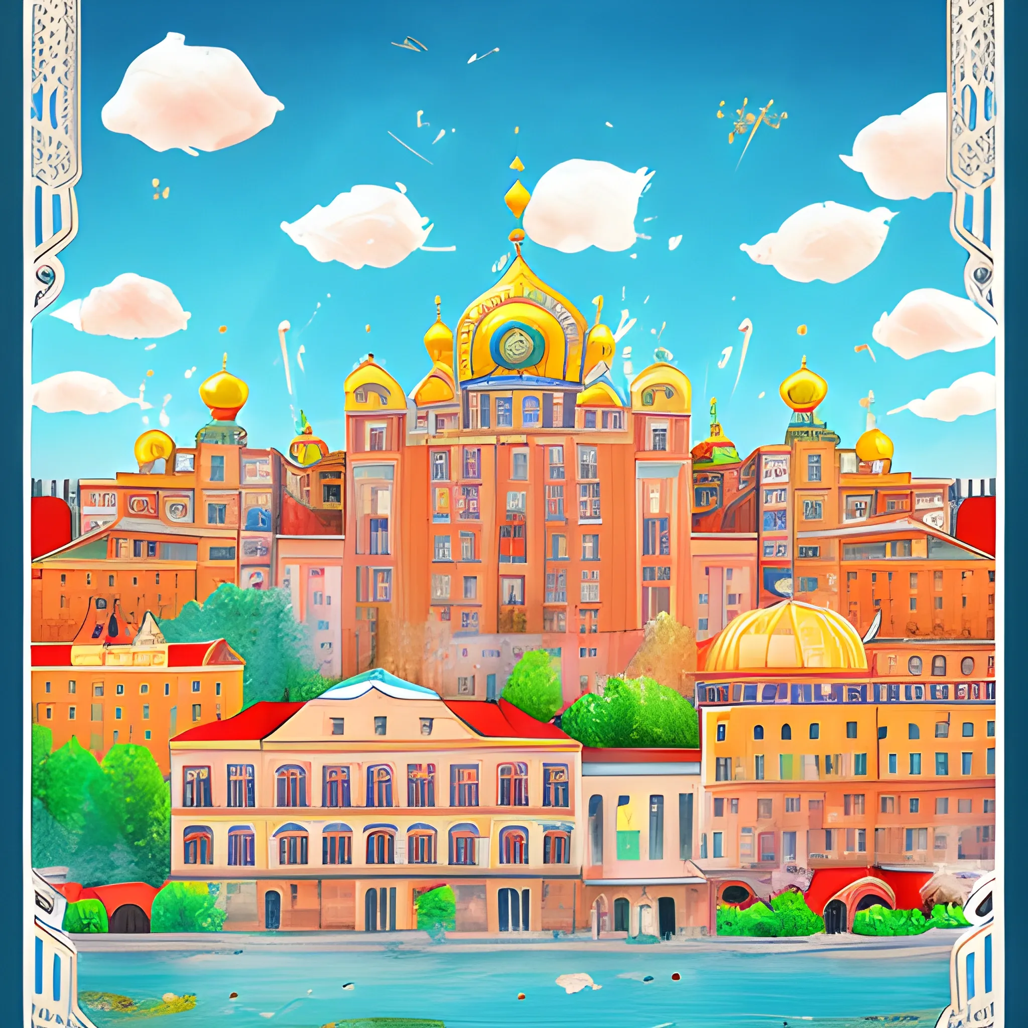 a poster depicting the city of Khmelnytskyi, Cartoon, 3D, Water Color, Trippy