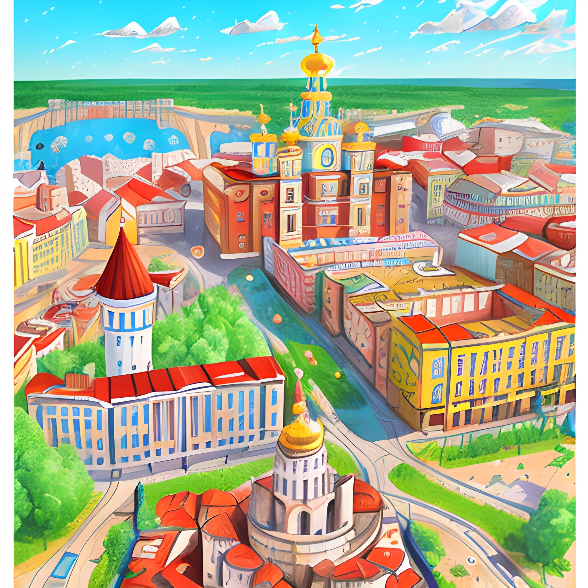 a poster depicting the city of Khmelnytskyi, Cartoon, 3D, Water Color, Trippy