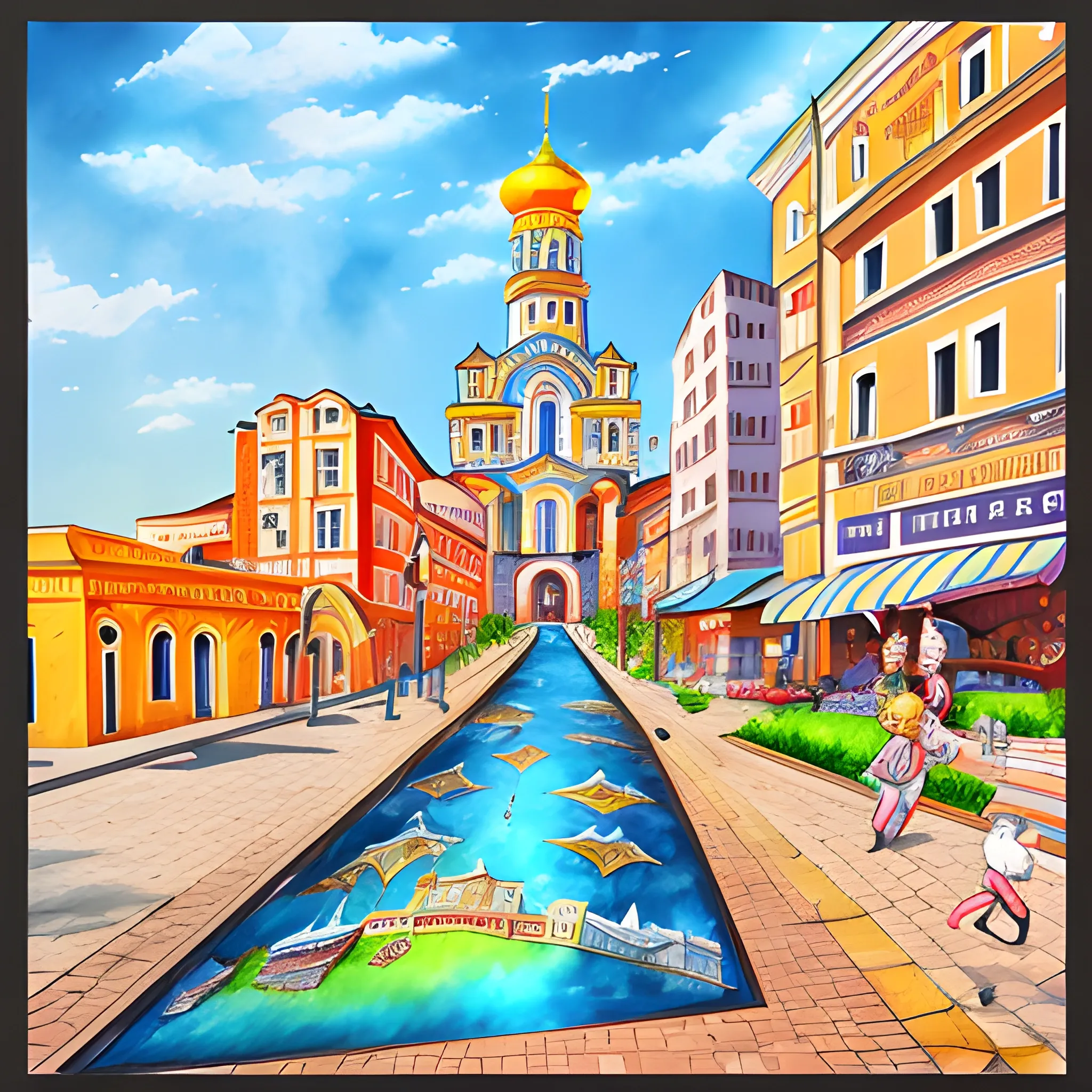 a poster depicting the city of Khmelnytskyi, Cartoon, 3D, Water Color, Trippy