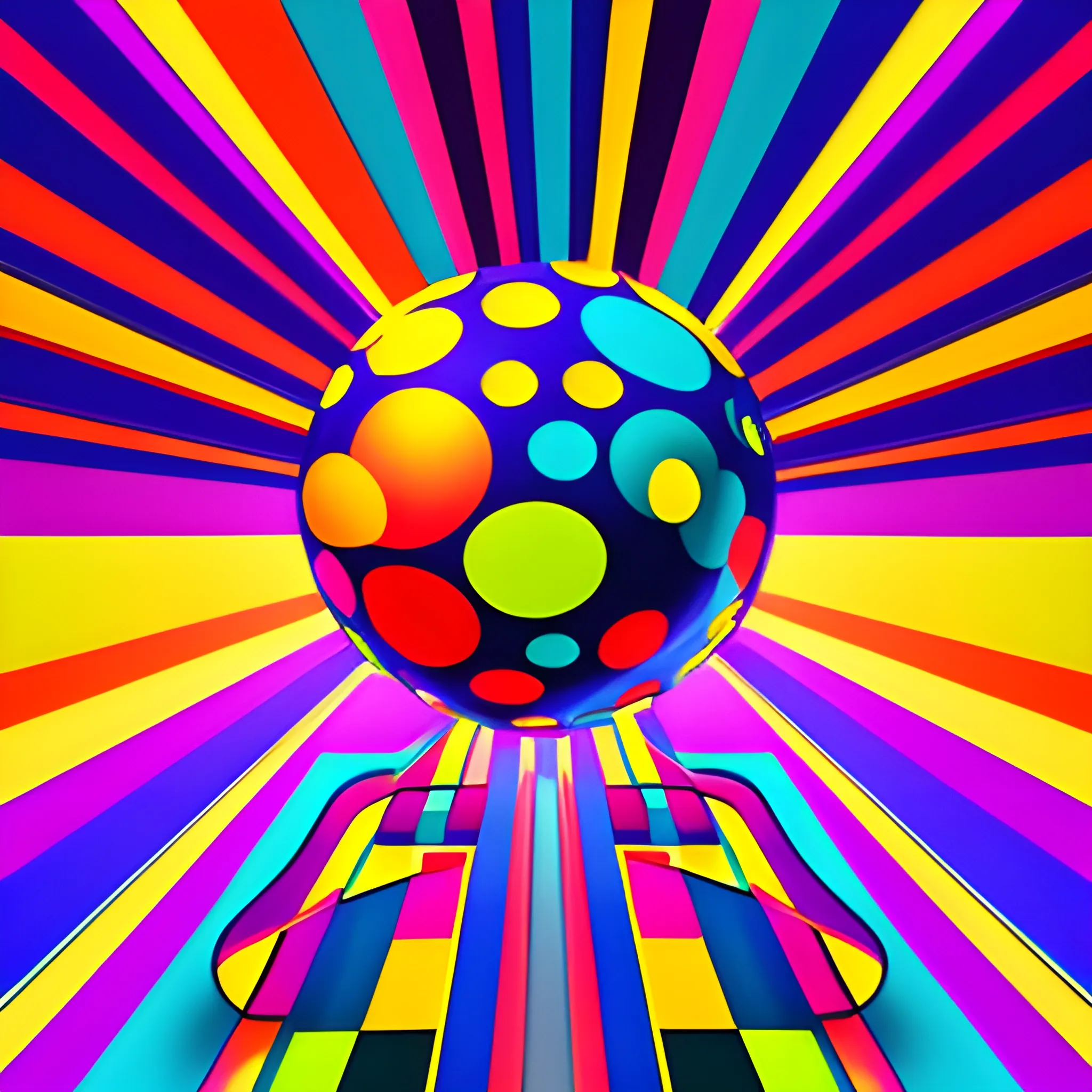 Capture the essence of disco through bold geometric shapes and vibrant primary colors, reminiscent of the dance floor's pulsating energy., Cartoon, Trippy, 3D