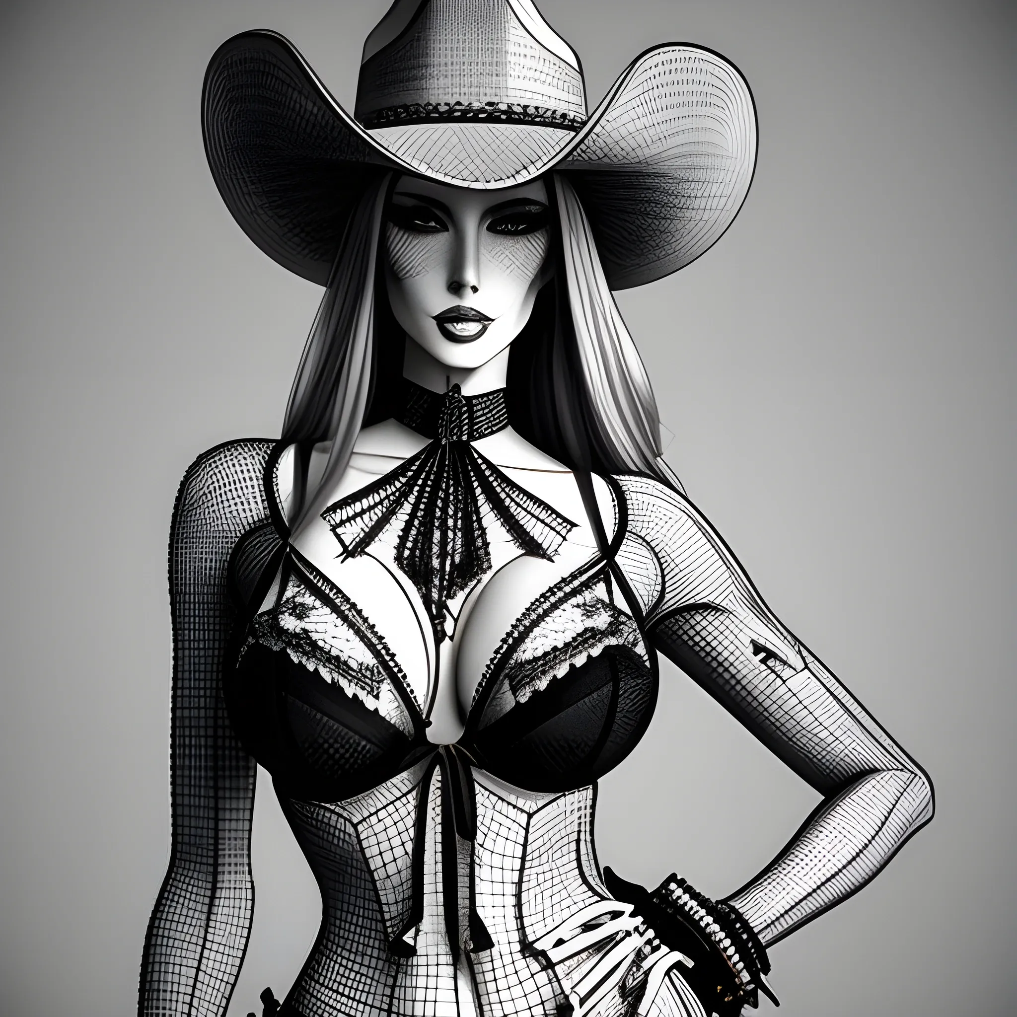 A beautiful Western cowboy girl, exquisite clothing and accessories, sexy, sexy lingerie, full body photography, professional photography, Cartoon, 3D, Pencil Sketch, Trippy