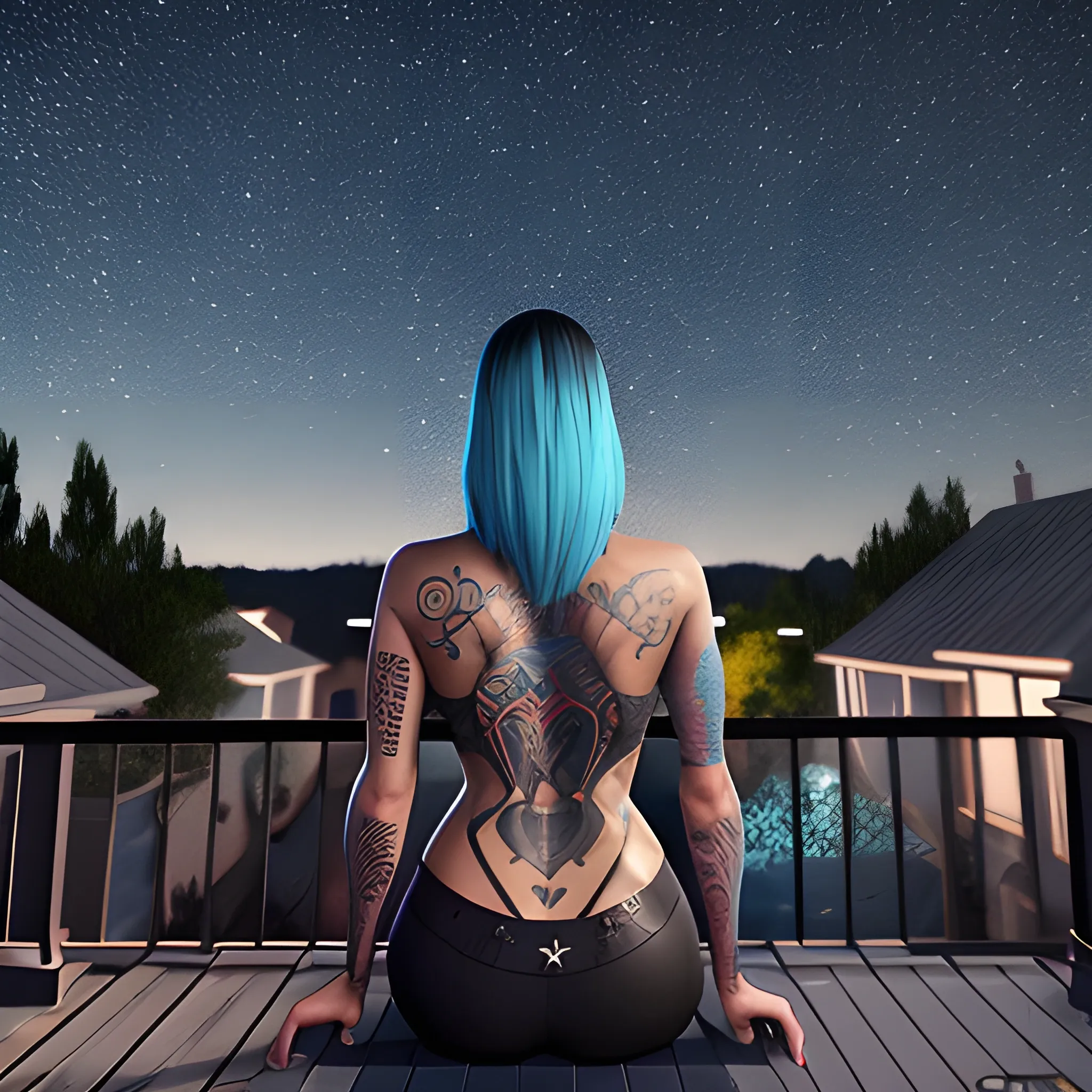 A latina girl with half cyan hair, with tattoos, Sitting on a porch, overlooking the wall of house, wall dark grey, much dark starry sky, with few clouds, the woman looking at the sky, a shine in her hair, Trippy, Unreal Engine, Trippy