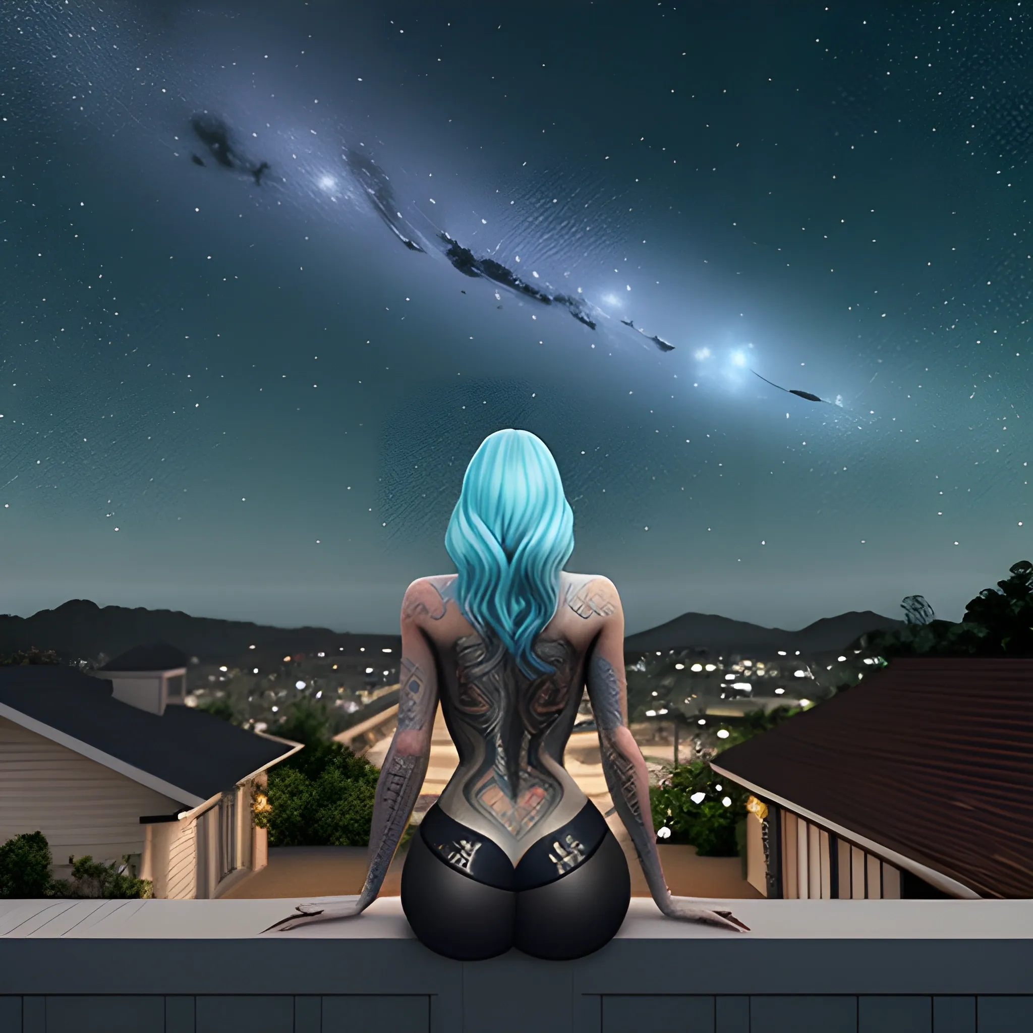 a brazilian girl with half aquamarine hair, with tattoos, Sitting on a porch, overlooking the wall of house, wall dark grey, much dark starry sky, with few clouds, the woman looking at the sky, a shine in her hair, Trippy, Unreal Engine, Trippy