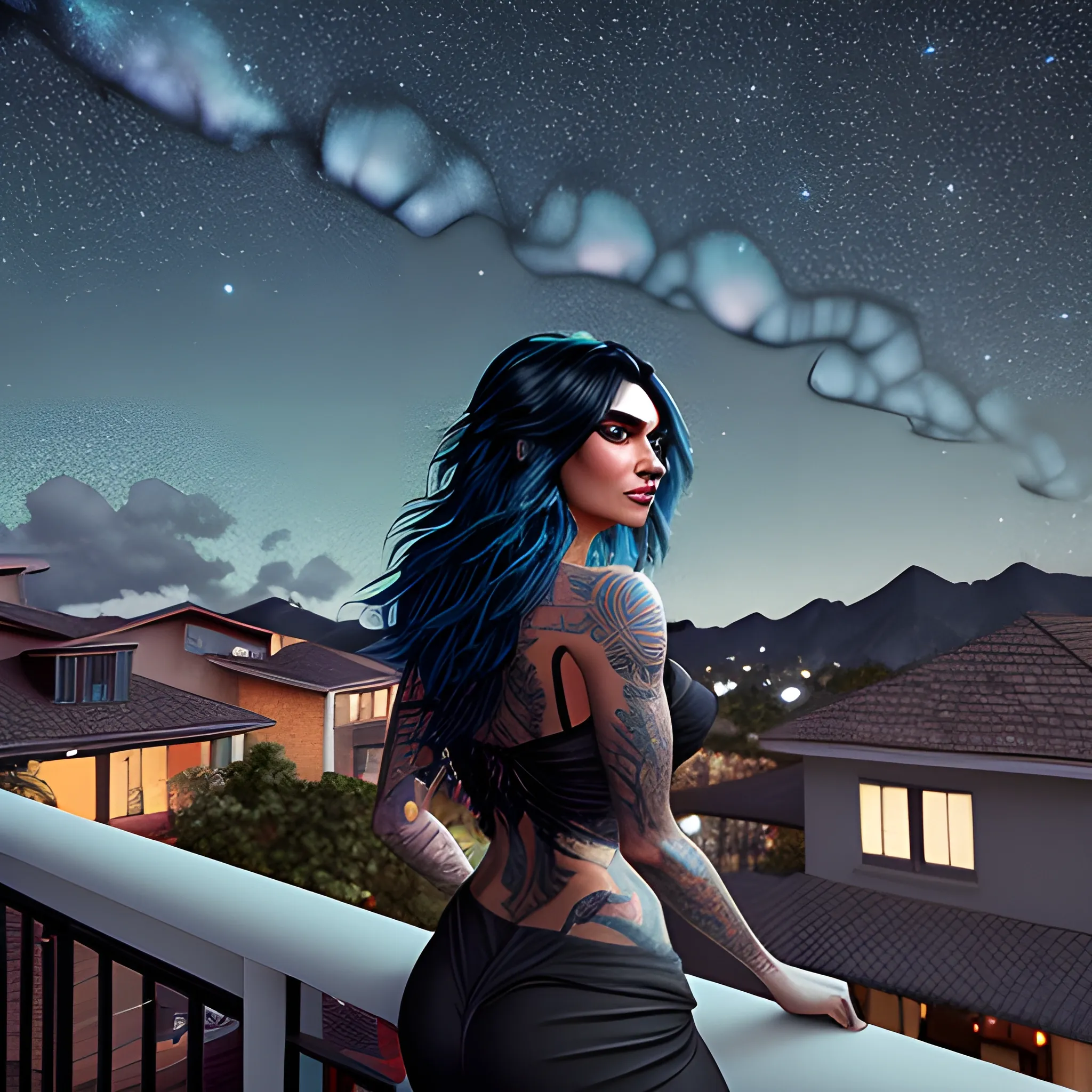 a brazilian girl with tone aquamarine and black hair, with tattoos, Sitting on a porch, overlooking the wall of house, wall dark grey, much dark starry sky, with few clouds, the woman looking at the sky, a shine in her hair, Trippy, Unreal Engine, Trippy