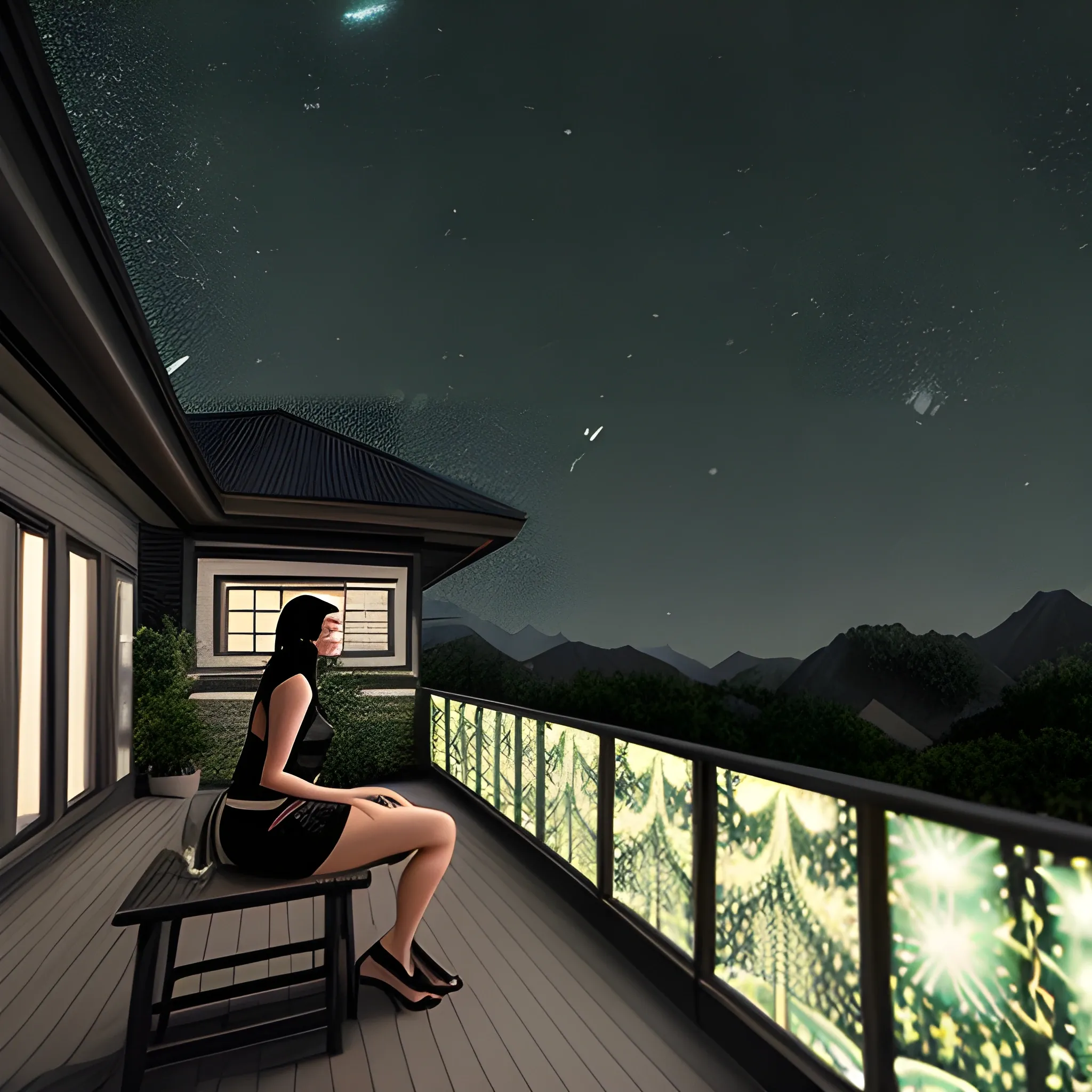 a brazilian girl with tone green and black hair, with tattoos in arms, Sitting on a porch, overlooking the wall of house, wall dark grey, much dark starry sky, with few clouds, the woman looking at the sky, a shine in her hair, Trippy, Unreal Engine, Trippy