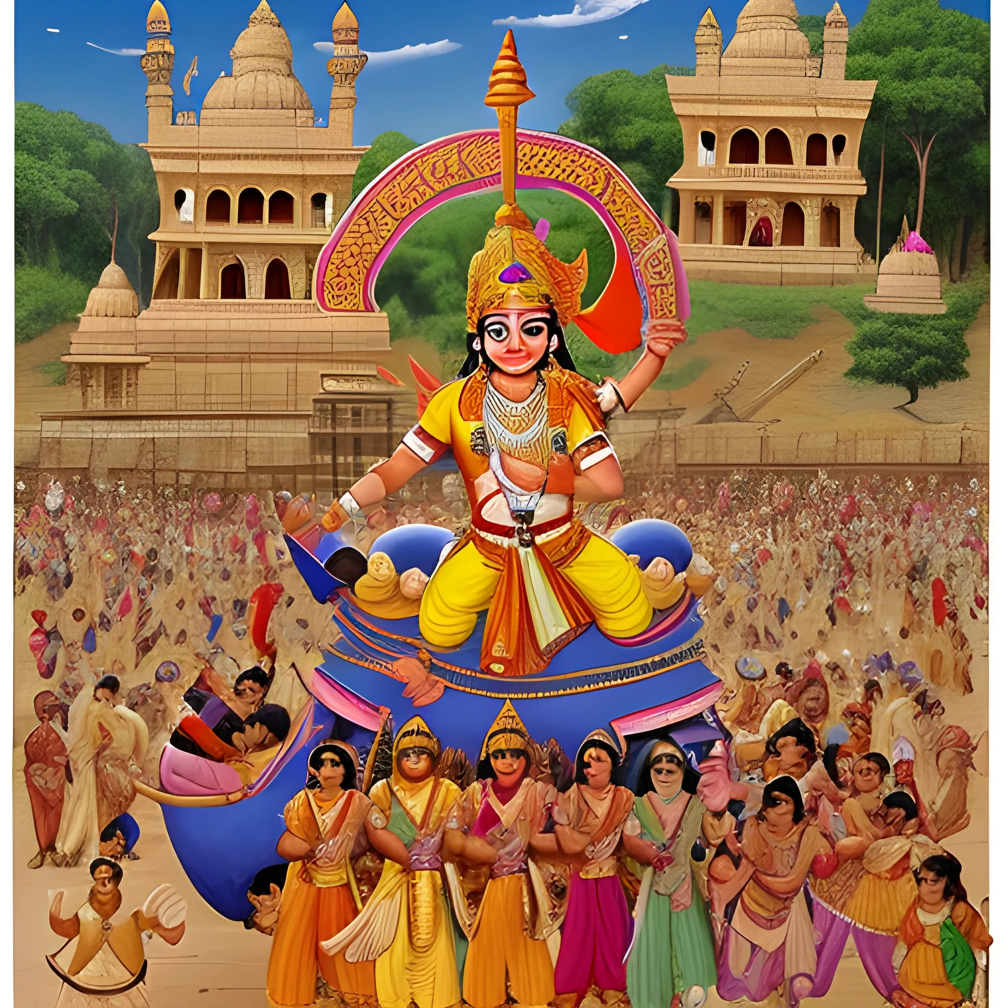 a smiling lord ram coming back to ayodhya with lakshman and sita from exile and people are celebrating their arrival.