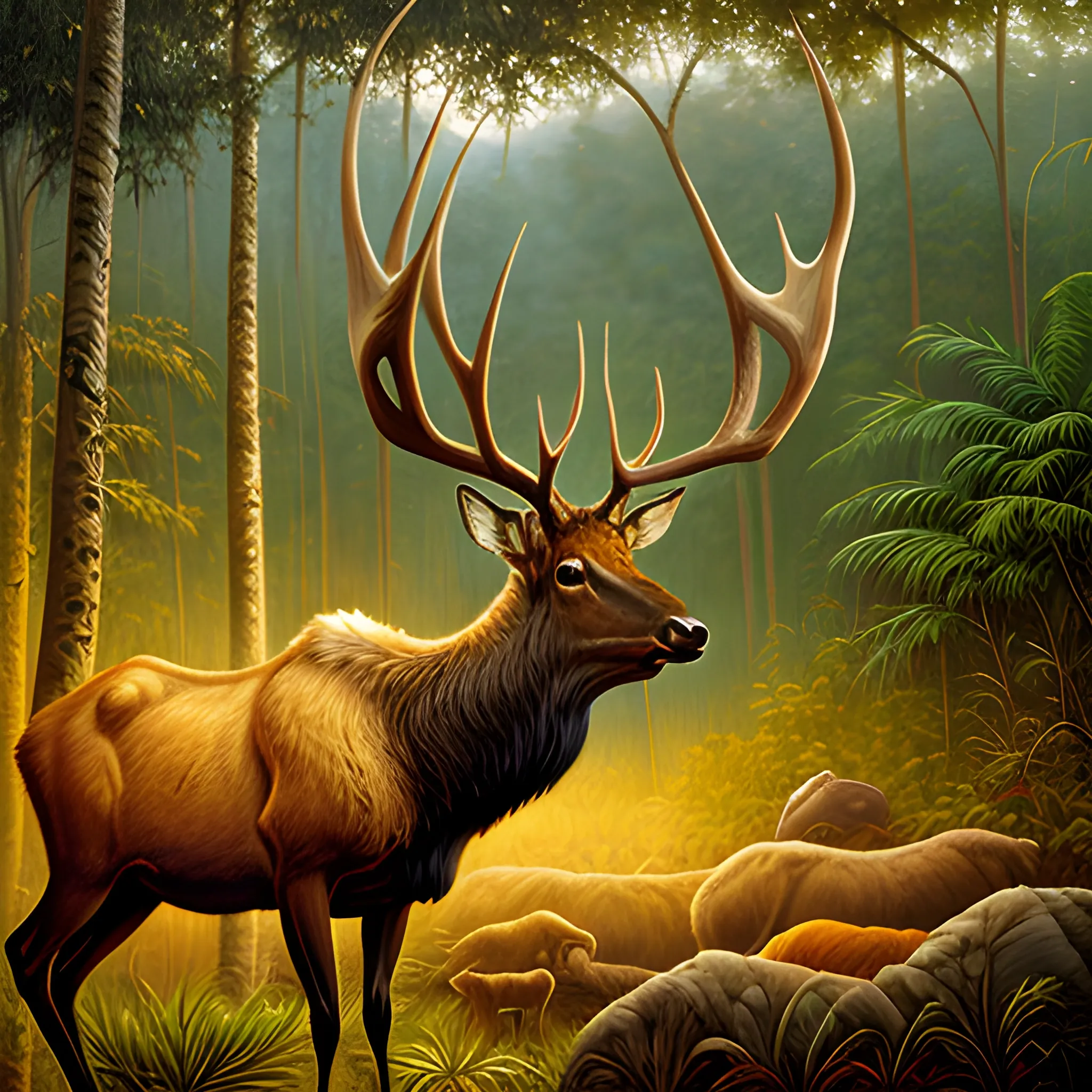 Elk in the jungle, warm tones at dusk, realistic oil painting style, Oil Painting