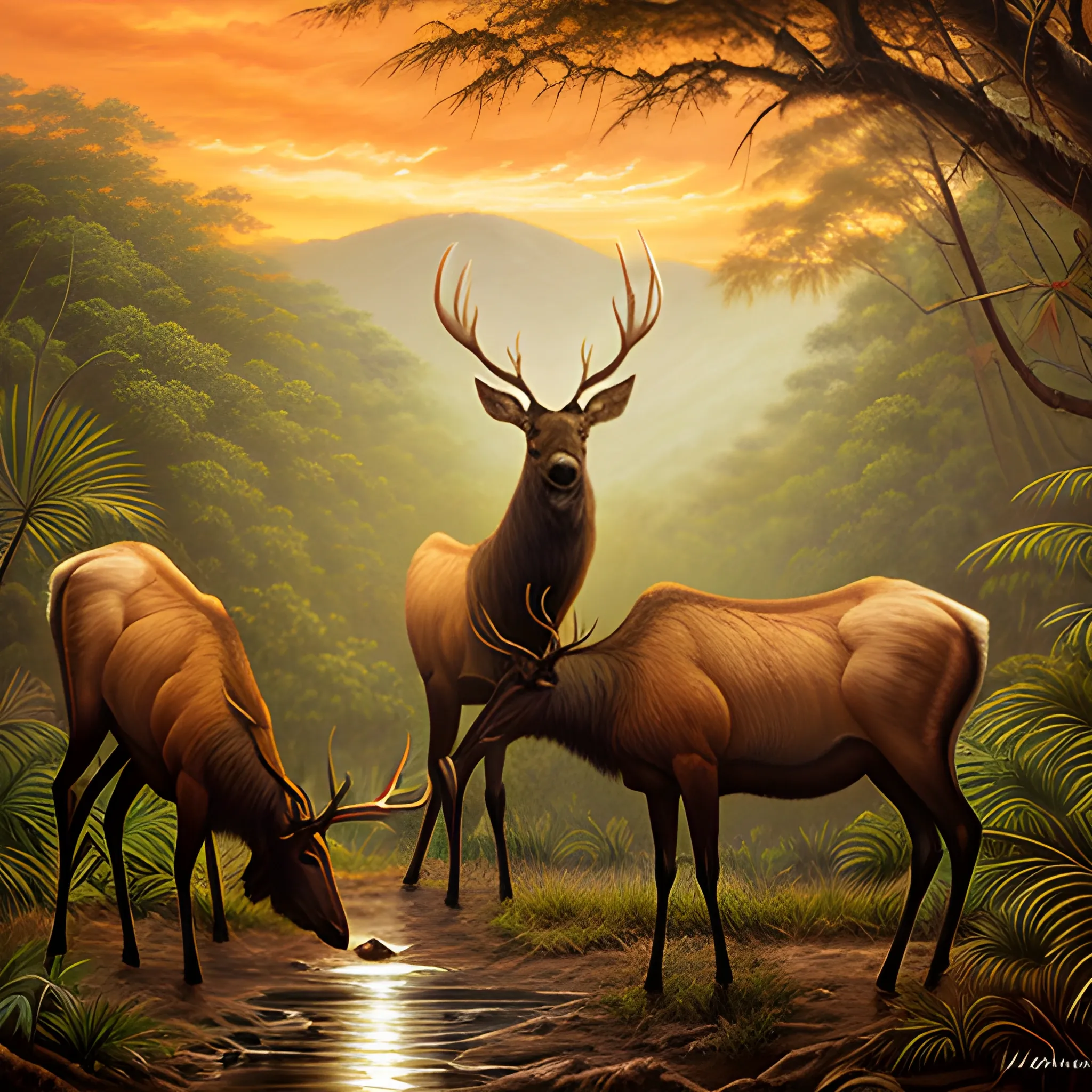 Elk in the jungle, warm tones at dusk, realistic oil painting style, Oil Painting