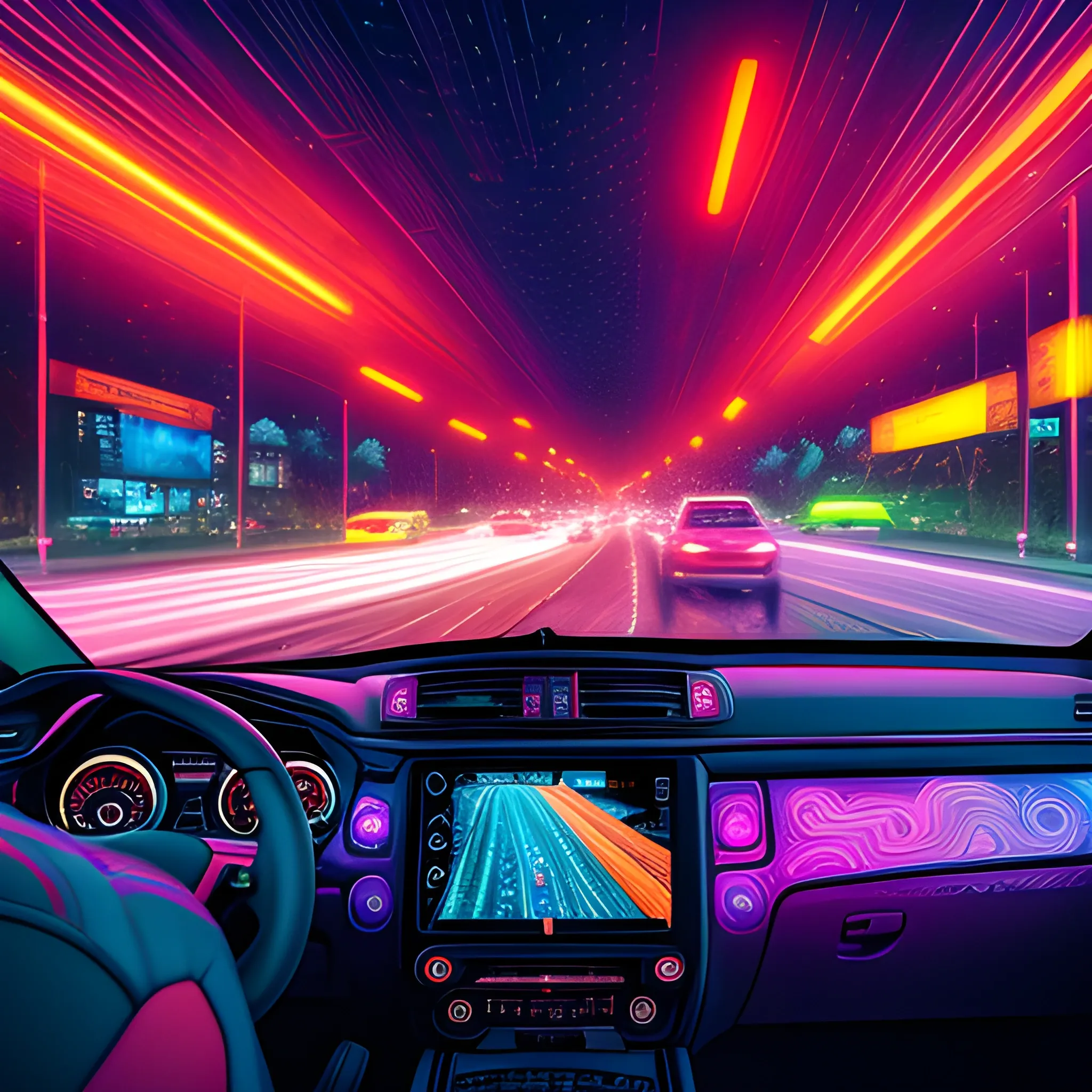 a crowded scene in an road, driver view, intricate, highly detailed, rich colors, 8k full resolution, present, neon, studio, Trippy, dark sky, in the middle of nothing, with a digital assistant