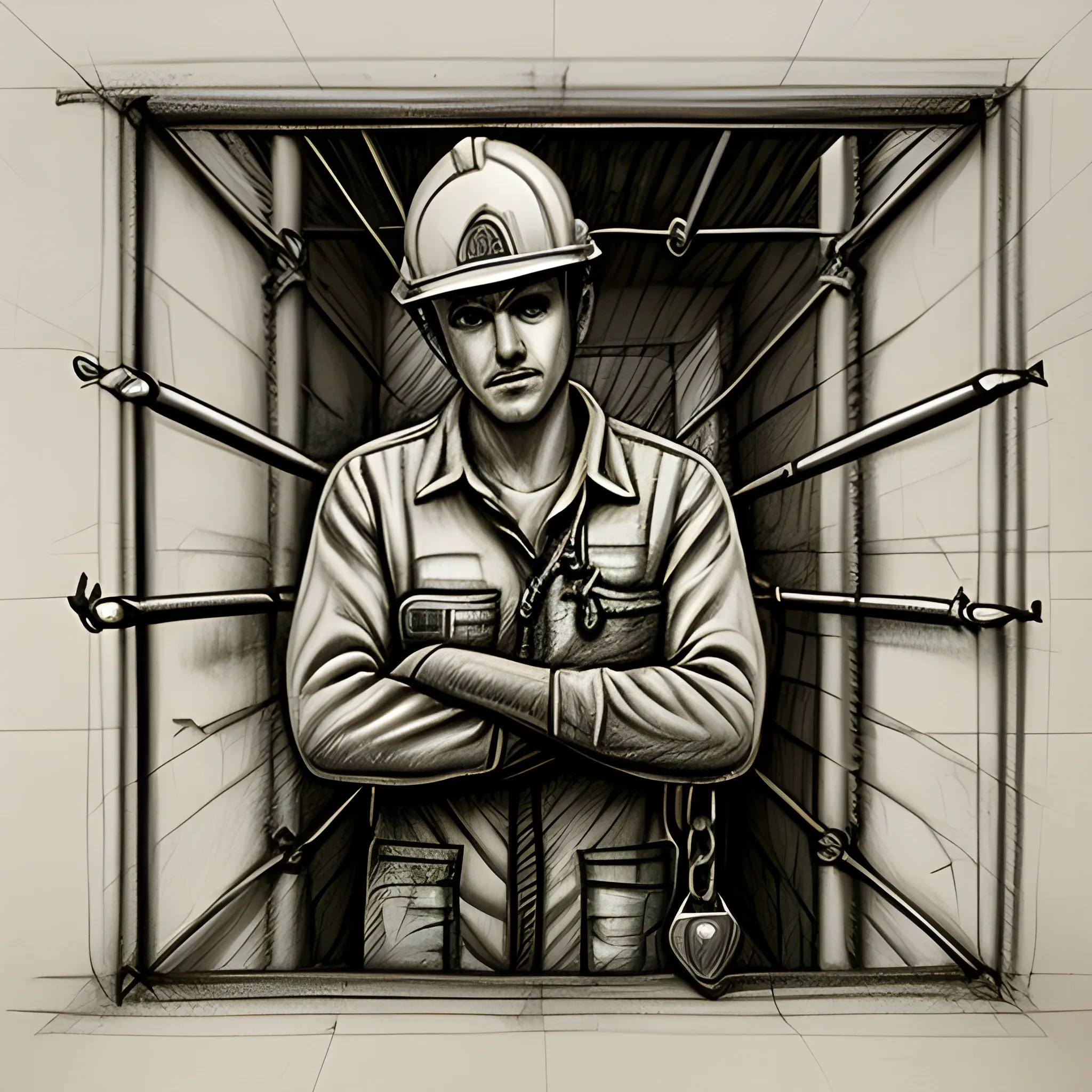 , Pencil Sketch person trapped in prison wearing and engineer outfit holding a wrench