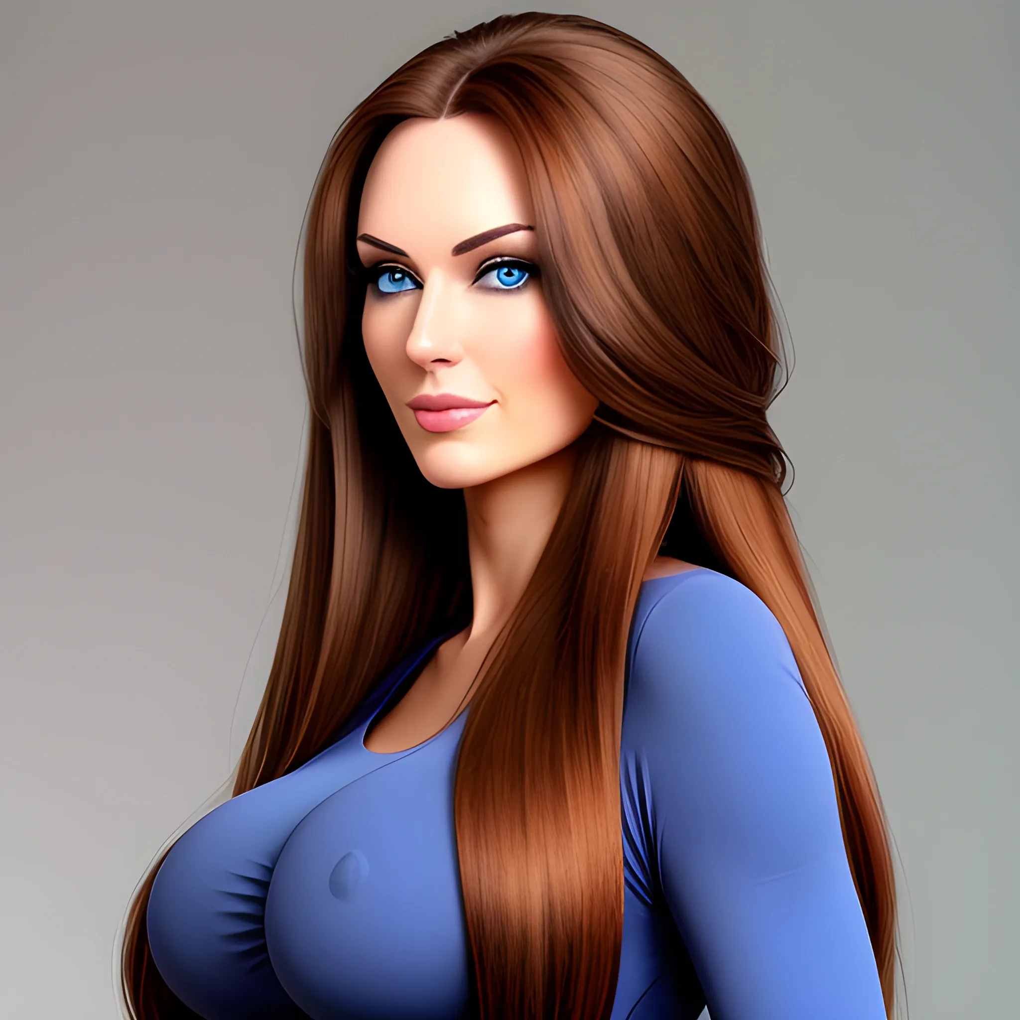 cute girl, abnormally long brown hair, blue eyes, above average breast size, full body from head to feet, side profile, above average posterior size