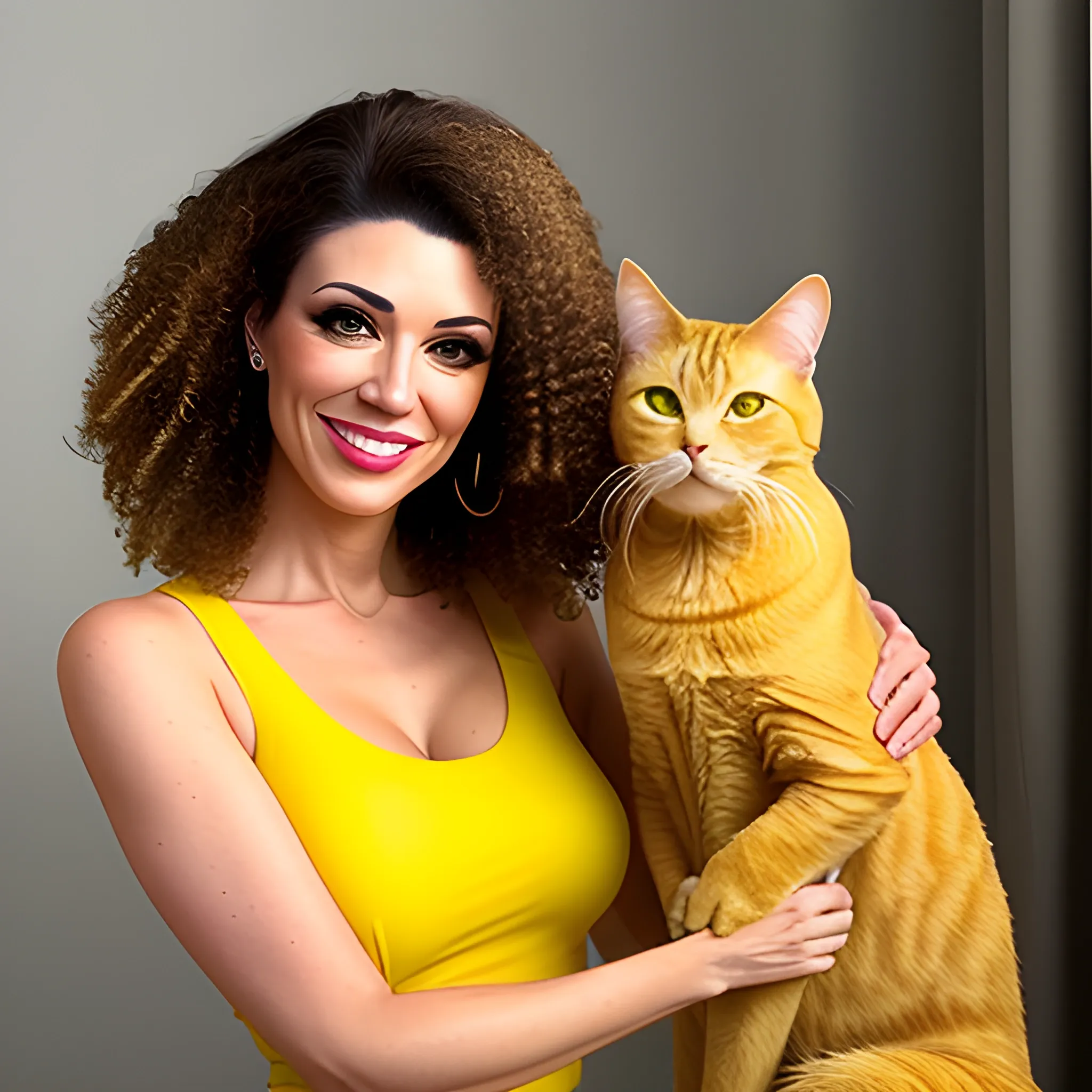 cute thin curly girl with a yellow cat