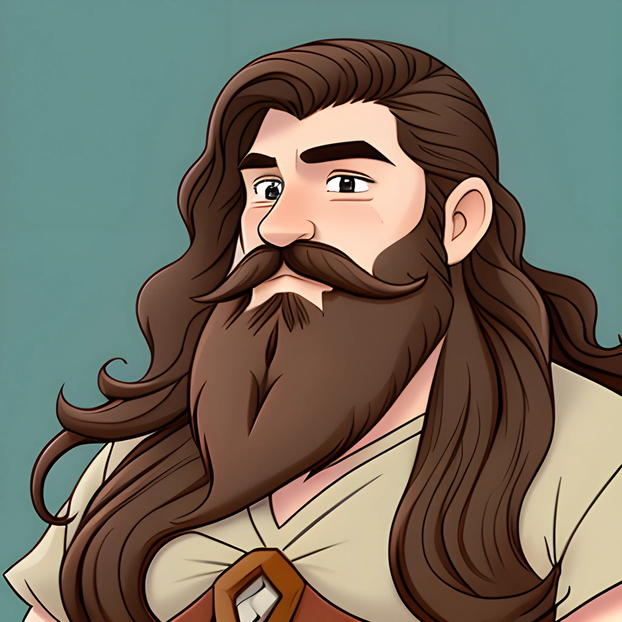 A cartoon fantasy handsome fantasy dwarf long wavy brown hair long flowing beard just from the waist up