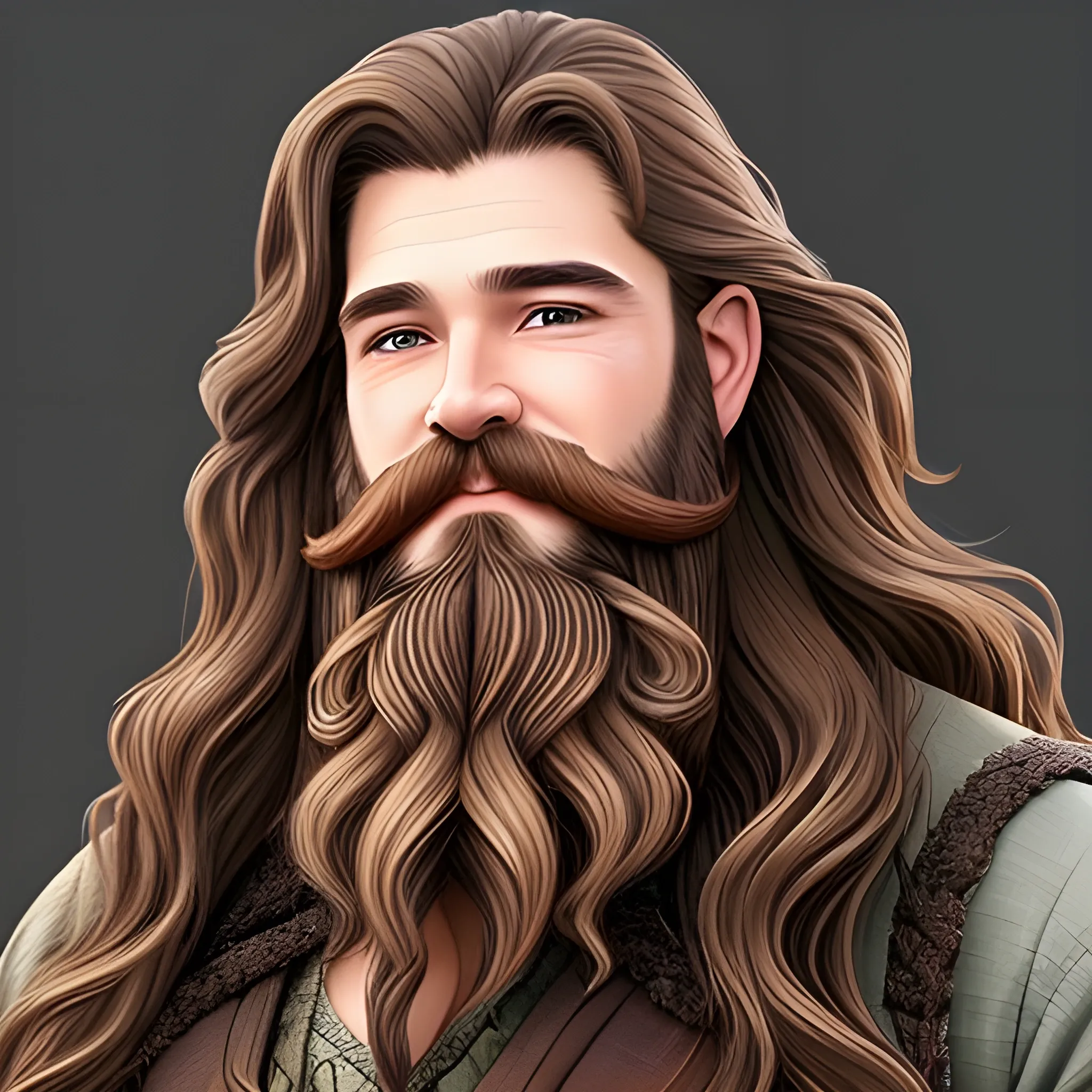 A handsome fantasy dwarf long wavy brown hair long flowing beard just from the waist up