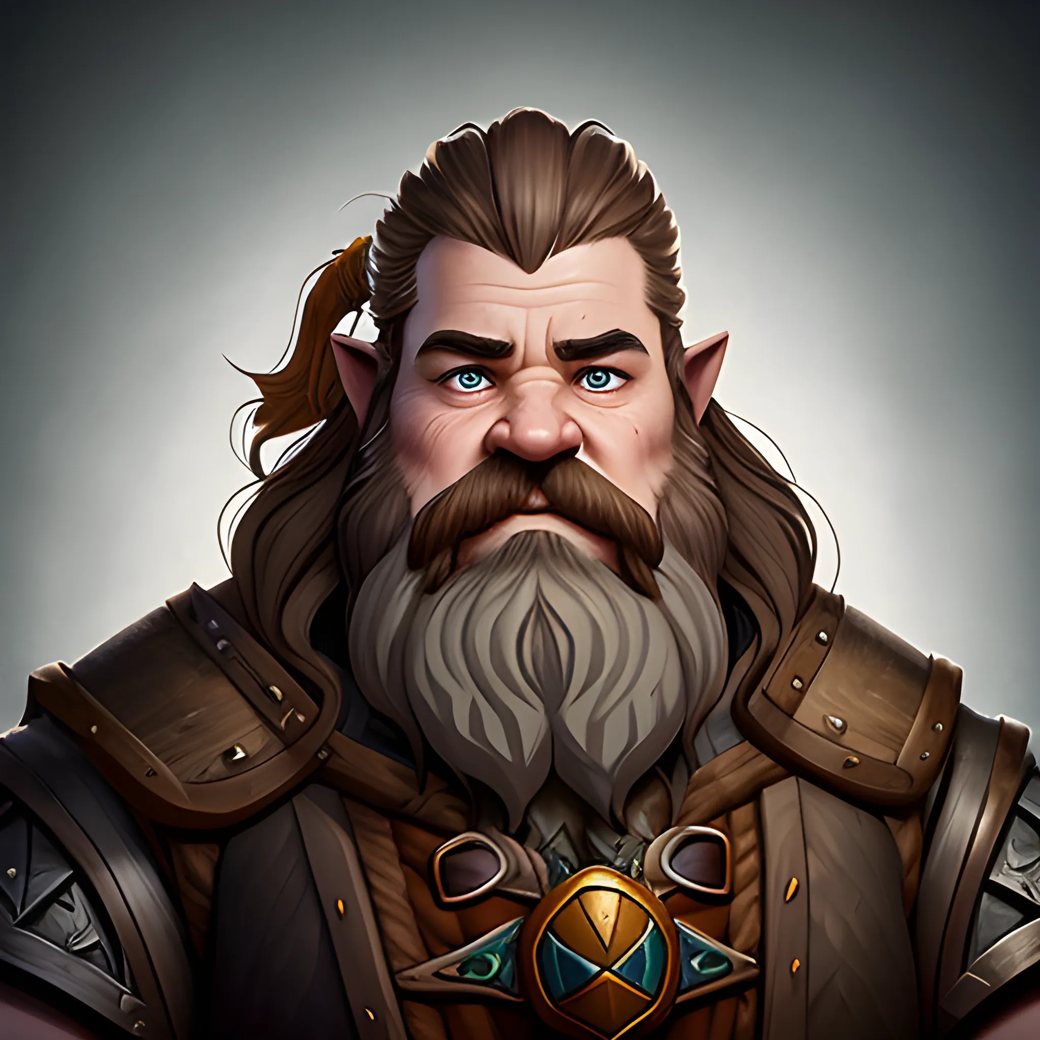 Generate a portrait of a fantasy dwarf inspired by the styles of Warcraft and Tolkien. Envision the character in half plate armor, focusing on a bust shot to highlight the upper body. Emphasize the dwarf's middle-aged appearance, with long, flowing, wavy brown hair and beard. Depict the dwarf as ruggedly handsome, incorporating subtle battle scars to convey a sense of experience and resilience. Infuse the portrait with character and detail, capturing the essence of a formidable yet appealing fantasy figure.