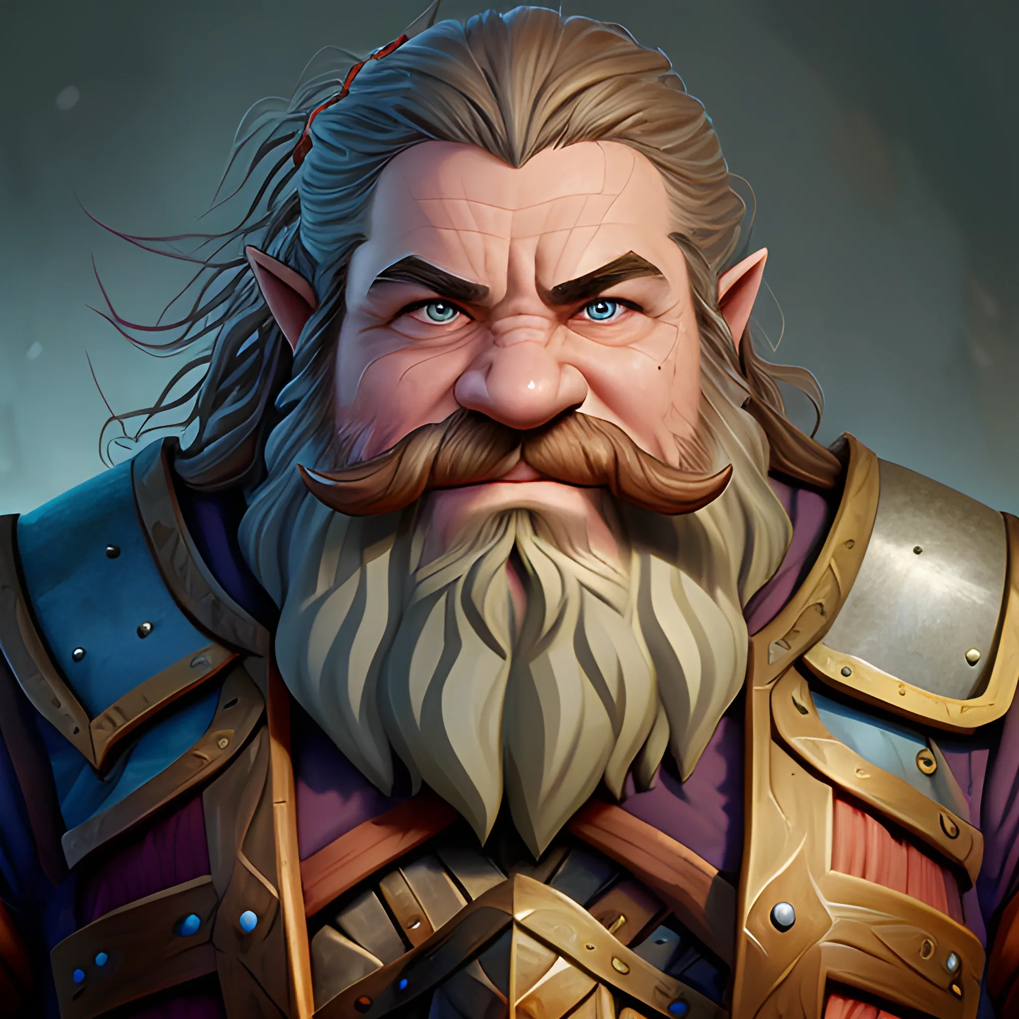 Generate a portrait of a fantasy dwarf inspired by the styles of Warcraft and Tolkien. Envision the character in half plate armor, focusing on a bust shot to highlight the upper body. Emphasize the dwarf's middle-aged appearance, with green eyes and long, flowing, wavy brown hair and beard. Depict the dwarf as ruggedly handsome, incorporating subtle battle scars to convey a sense of experience and resilience. Infuse the portrait with character and detail, capturing the essence of a formidable yet appealing fantasy figure.