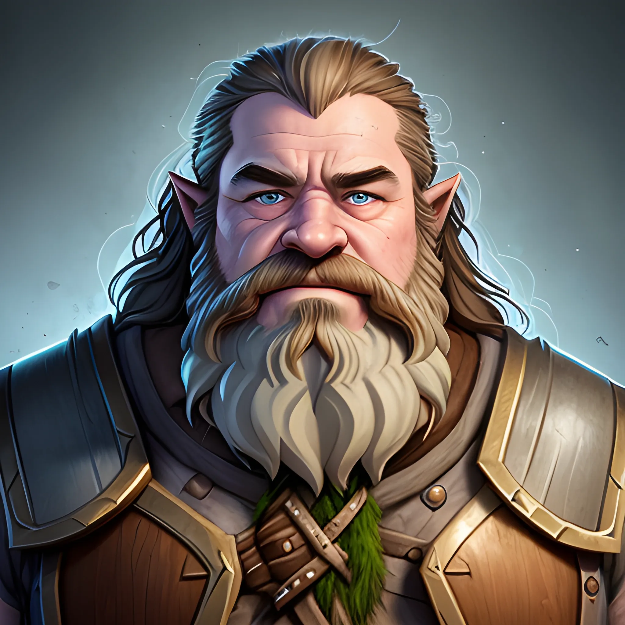 Generate a portrait of a fantasy dwarf inspired by the styles of Warcraft and Tolkien. Envision the character in half plate armor, focusing on a bust shot to highlight the upper body. Emphasize the dwarf's middle-aged appearance, with green eyes and long, flowing, wavy brown hair and beard. Depict the dwarf as ruggedly handsome, incorporating subtle battle scars to convey a sense of experience and resilience. Infuse the portrait with character and detail, capturing the essence of a formidable yet appealing fantasy figure.