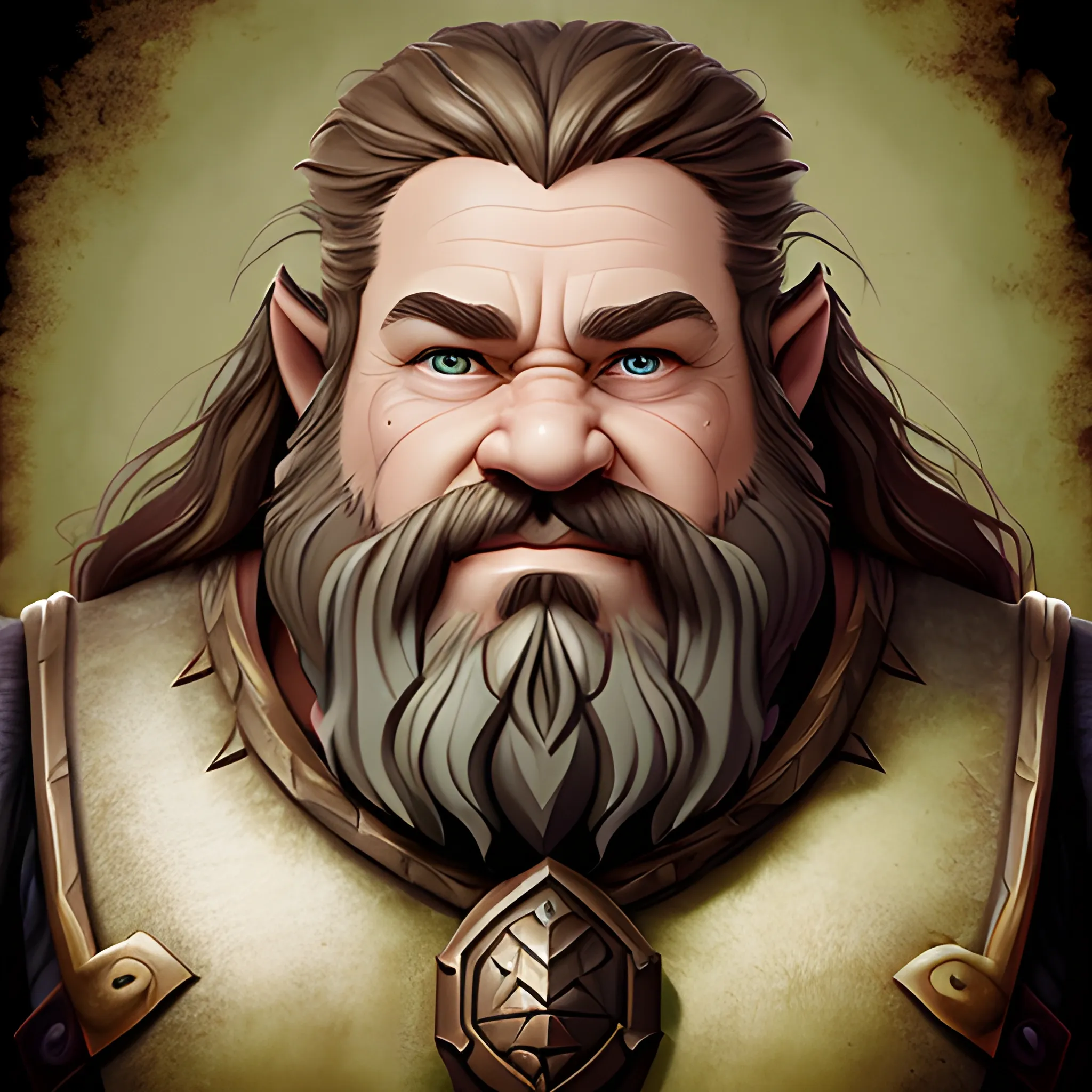 Generate a portrait of a fantasy dwarf inspired by the styles of Warcraft and Tolkien. Envision the character in half plate armor, focusing on a bust shot to highlight the upper body. Emphasize the dwarf's middle-aged appearance, with green eyes and long, flowing, wavy brown hair and beard. Depict the dwarf as ruggedly handsome, incorporating subtle battle scars to convey a sense of experience and resilience. Infuse the portrait with character and detail, capturing the essence of a formidable yet appealing fantasy figure.