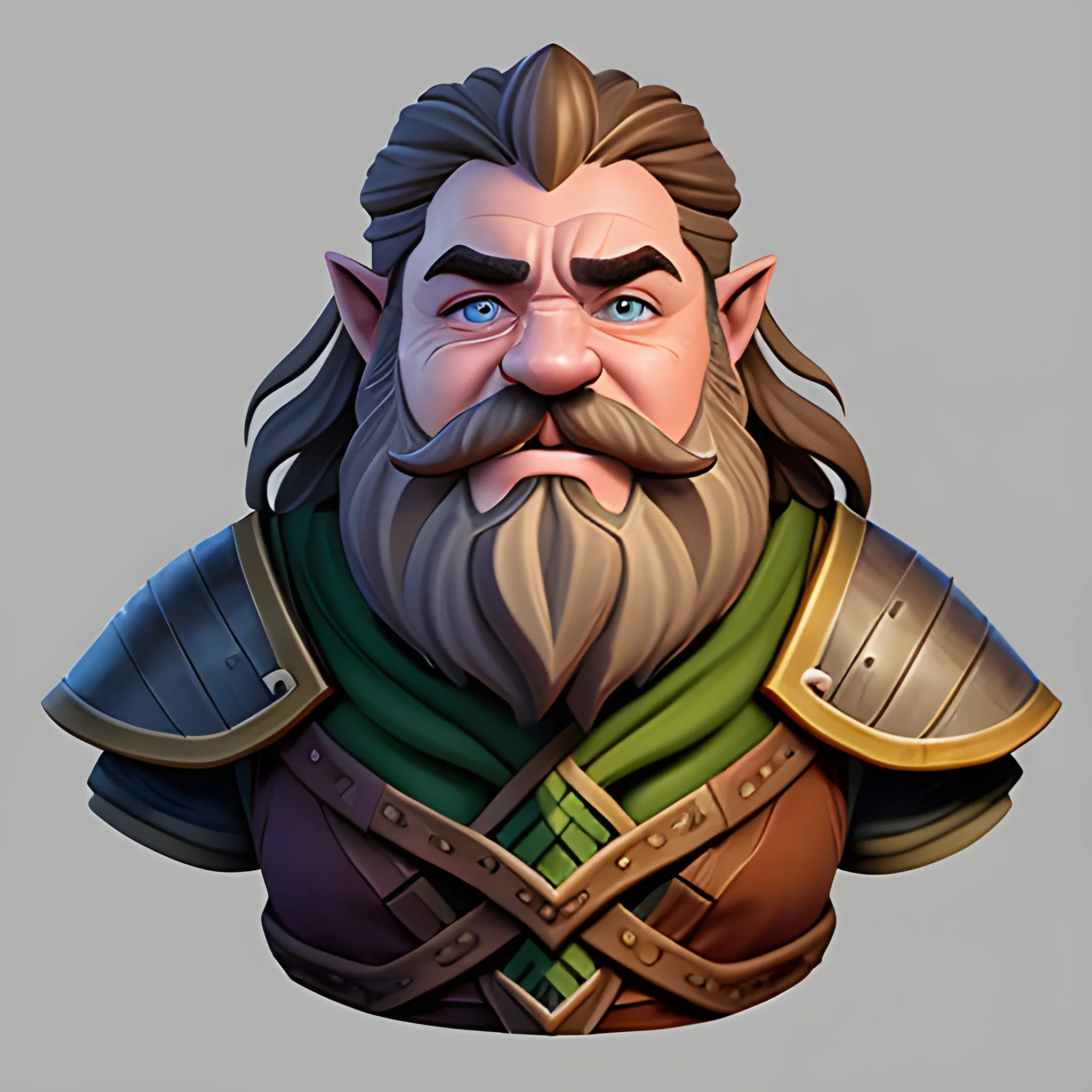 Generate a portrait of a fantasy dwarf inspired by the styles of Warcraft and Tolkien. Envision the character in half plate armor, focusing on a bust shot to highlight the upper body. Emphasize the dwarf's middle-aged appearance, with green eyes and long, flowing, wavy brown hair and beard. Depict the dwarf as ruggedly handsome, incorporating subtle battle scars to convey a sense of experience and resilience. Infuse the portrait with character and detail, capturing the essence of a formidable yet appealing fantasy figure.