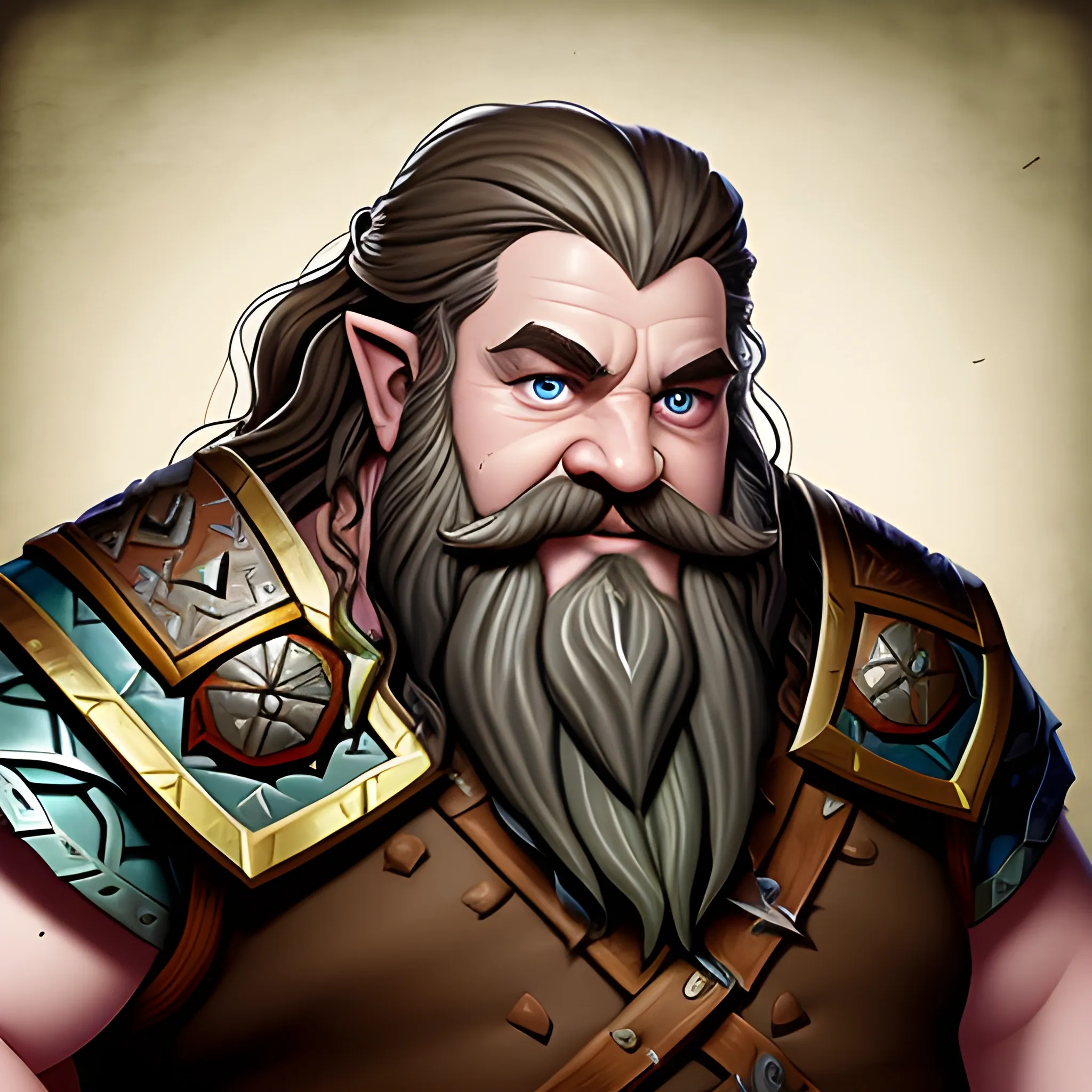 Generate a portrait of a fantasy dwarf inspired by the styles of Warcraft and Tolkien. Envision the character in half plate armor Emphasize the dwarf's middle-aged appearance, with  green eyes, long, flowing, wavy brown hair and beard. Depict the dwarf as ruggedly handsome, incorporating subtle battle scars to convey a sense of experience and resilience. Infuse the portrait with character and detail, capturing the essence of a formidable yet appealing fantasy figure.