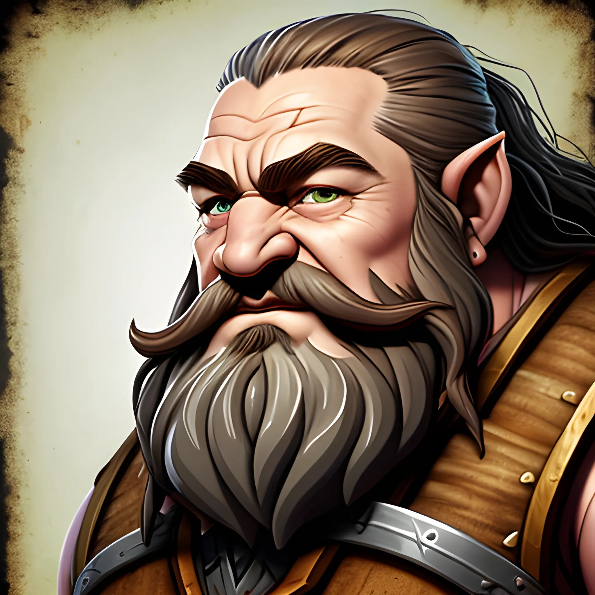 Generate a portrait of a fantasy dwarf inspired by the styles of Warcraft and Tolkien. Envision the character in half plate armor Emphasize the dwarf's middle-aged appearance, with  green eyes, long, flowing, wavy brown hair and beard. Depict the dwarf as ruggedly handsome, incorporating subtle battle scars to convey a sense of experience and resilience. Infuse the portrait with character and detail, capturing the essence of a formidable yet appealing fantasy figure.