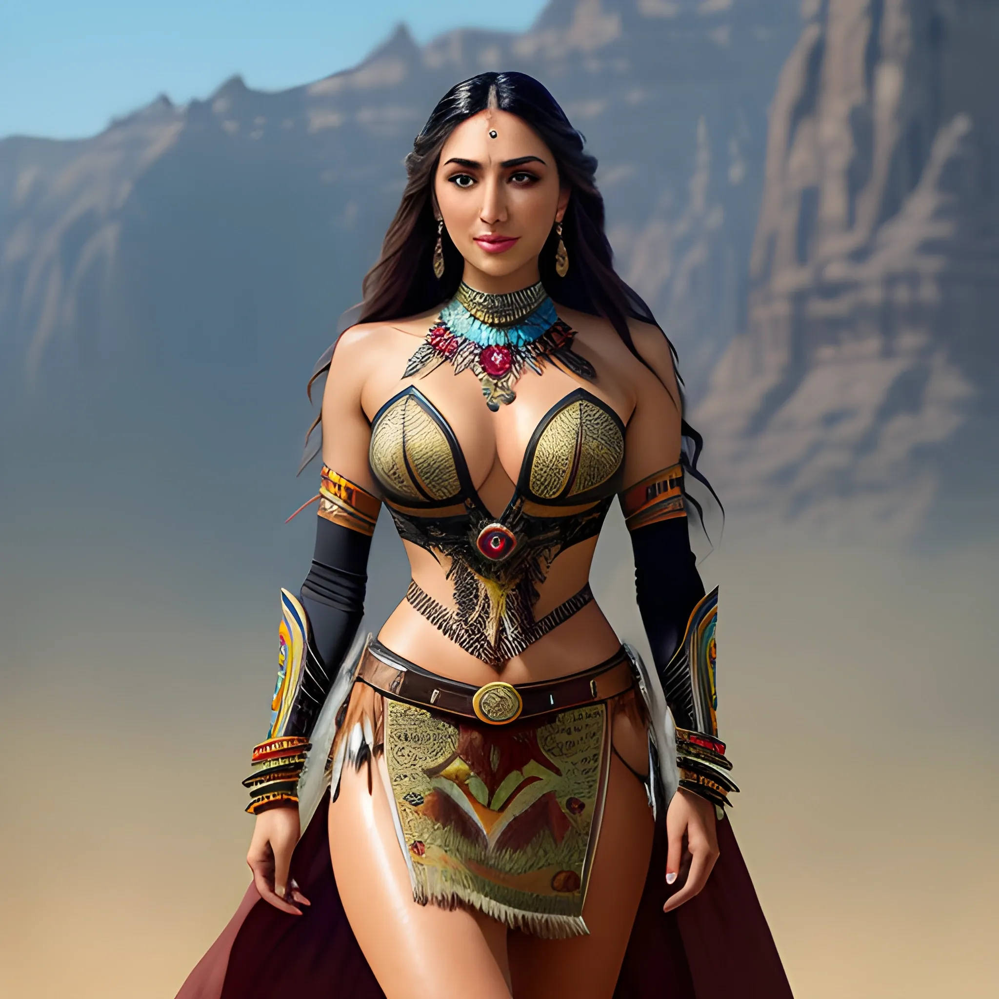 full body portrait photograph of Kiara Advani, young beautiful native american woman, perfect symmetrical face, feather jewelry, traditional handmade dress, armed female hunter warrior, (((wild west))) environment, Utah landscape, ultra realistic, concept art, elegant, ((intricate)), ((highly detailed)), depth of field, ((professionally color graded)), 8k, art by artgerm and greg rutkowski and alphonse mucha, 4k, clean, realistic face, realistic eyes, highest quality, realistic hands, trending on artstation, masterpiece, SFW, five fingers