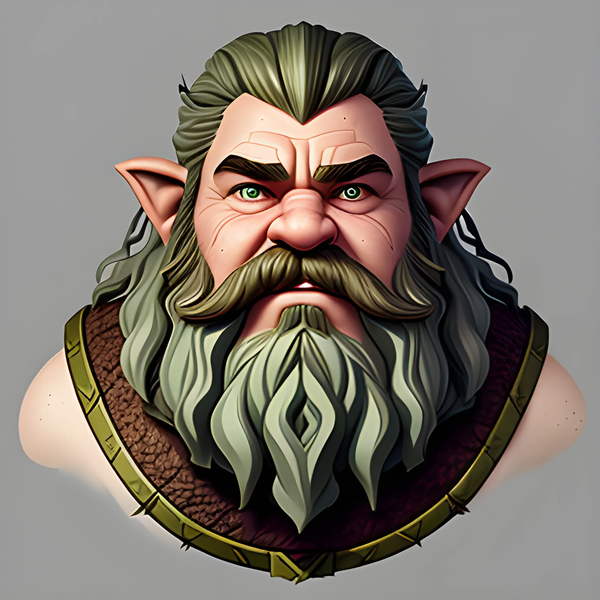 Generate a portrait of a fantasy dwarf inspired by the styles of Warcraft and Tolkien. Envision the character in half plate armor Emphasize the dwarf's middle-aged appearance, with  green eyes, long, flowing, wavy brown hair and beard. Depict the dwarf as ruggedly handsome, incorporating subtle battle scars to convey a sense of experience and resilience. Infuse the portrait with character and detail, capturing the essence of a formidable yet appealing fantasy figure.