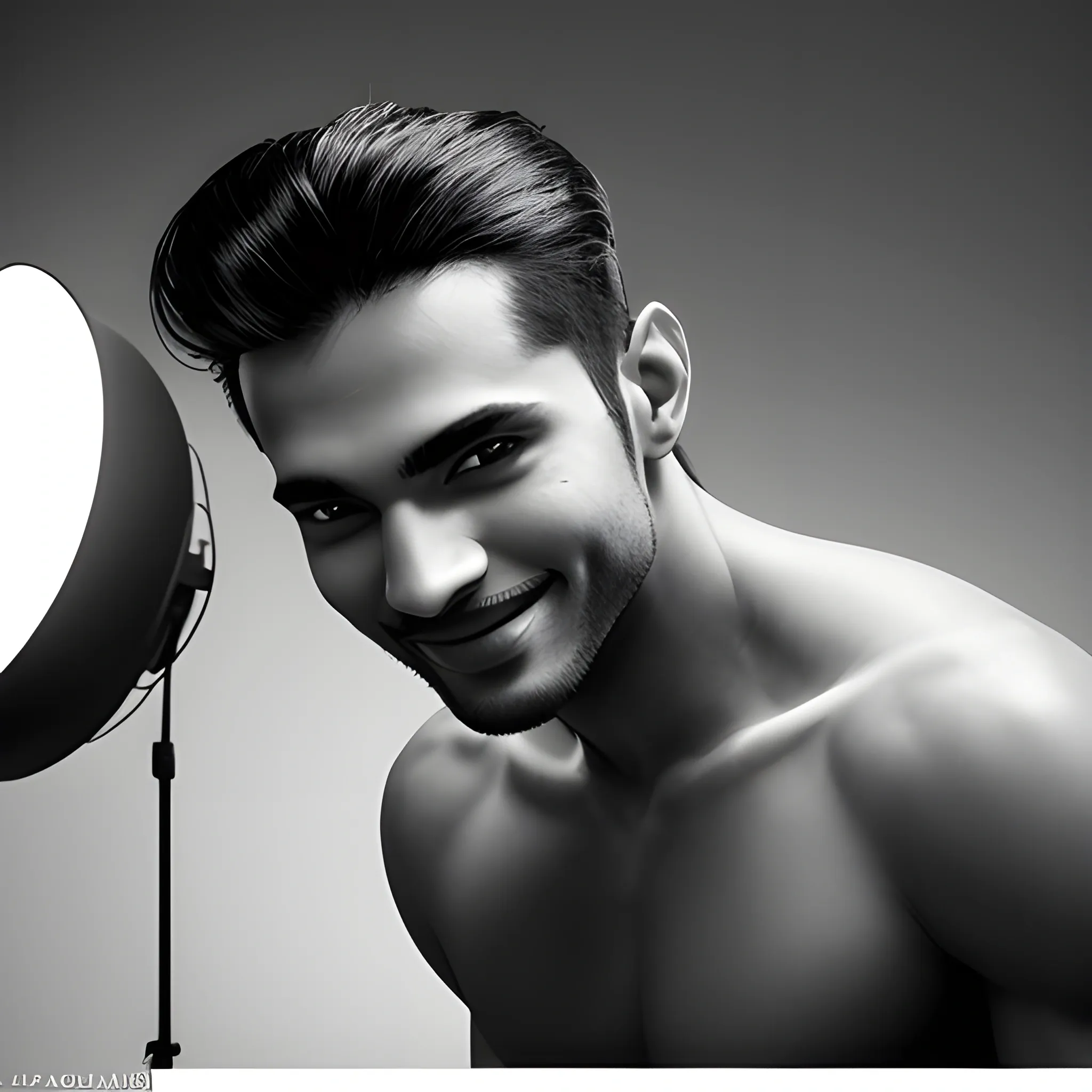portrait of a model, black and white sedcard, topmodel, Indian, man 20 years, hyperrealism, white backgrund, dynamic pose, positiv acting, smiling, modern, photoshoot, super detailed, clear, in a studio with clear white background, comp card, clear facial features, cinematic, 70mm lens, f/ 2. 8, studio lighting with bright background, global illumination, black and white --uplight --ar 2:3 --q 2 --s 750 --v 5  --s 750   --v 5