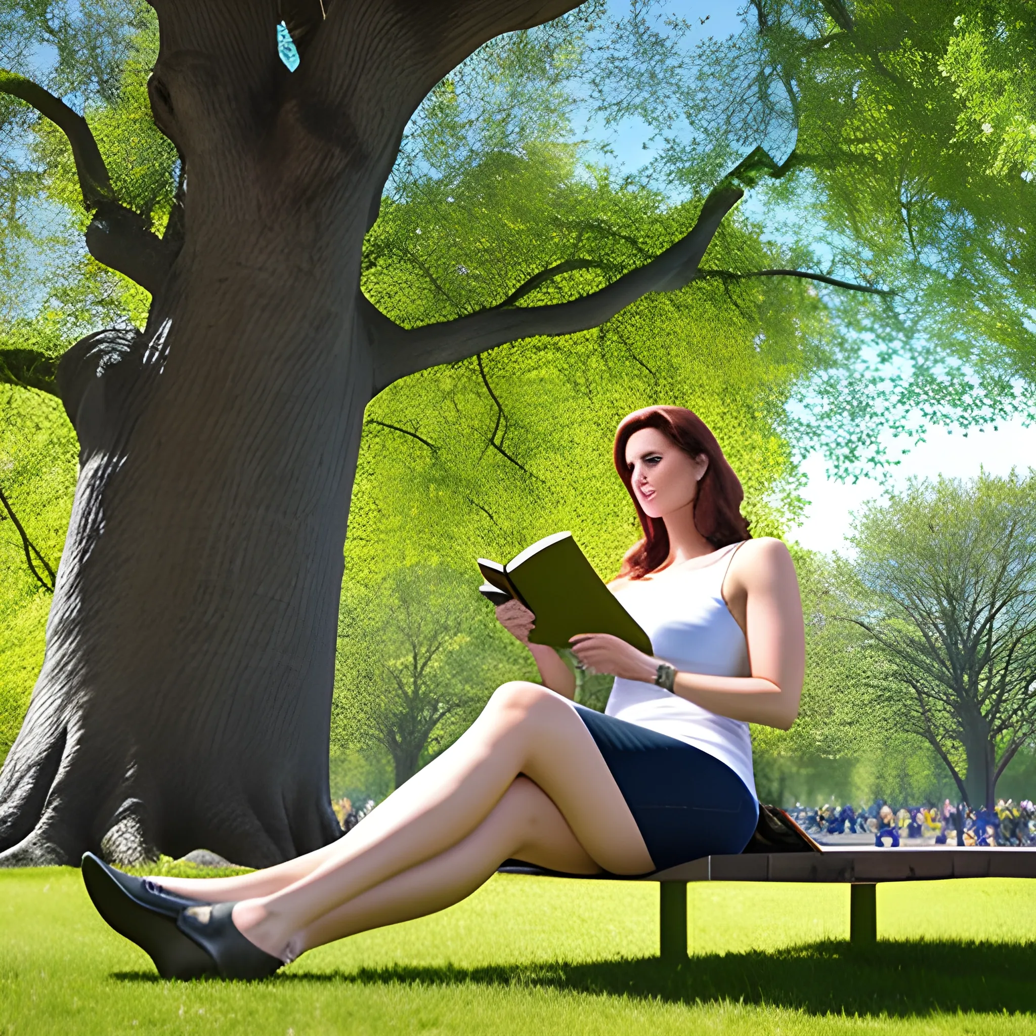beautiful girl sitting at the base of a tree and reading a book in the park on a sunny day, full body photography