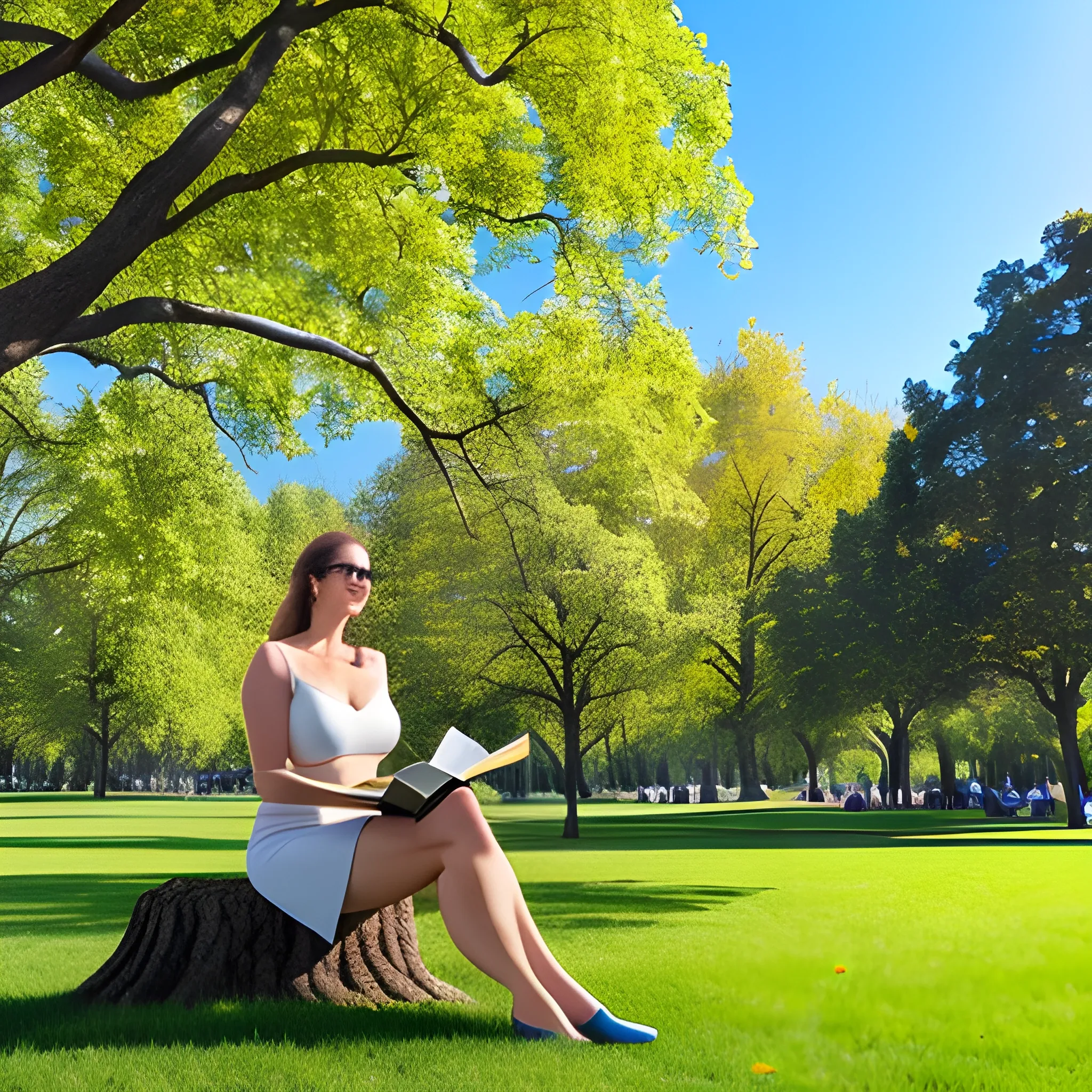 beautiful conservative girl sitting at the base of a tree and reading a book in the park on a sunny day, full body photography