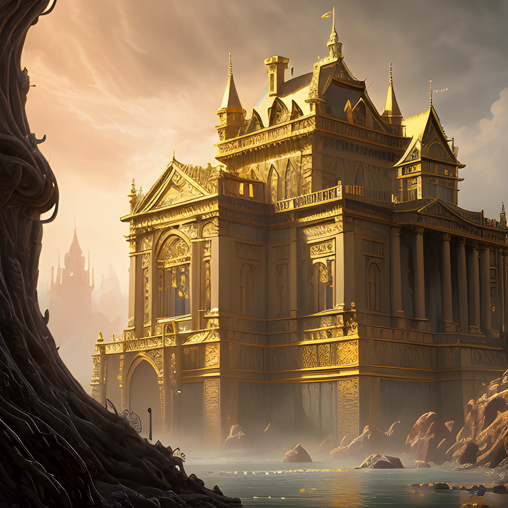 treasury, a lot of gold, treasures, golden thing,  inside, 8k, high resolution, high quality, photorealistic, hyperrealistic, detailed, detailed matte painting, deep color, fantastical, intricate detail, splash screen, complementary colors, fantasy concept art, 8k resolution trending on Artstation Unreal Engine