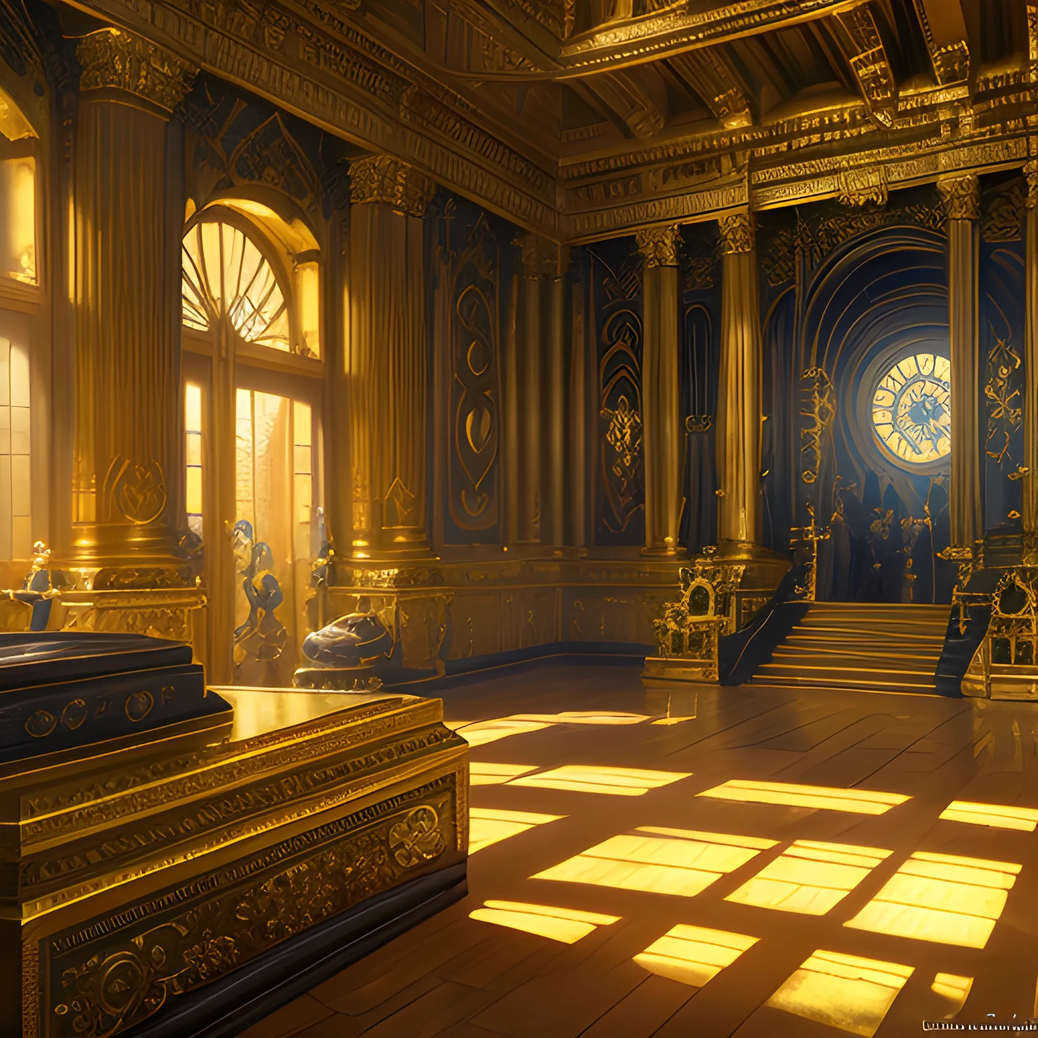 inside treasury, a lot of gold, treasures, golden thing,  inside, 8k, high resolution, high quality, photorealistic, hyperrealistic, detailed, detailed matte painting, deep color, fantastical, intricate detail, splash screen, complementary colors, fantasy concept art, 8k resolution trending on Artstation Unreal Engine