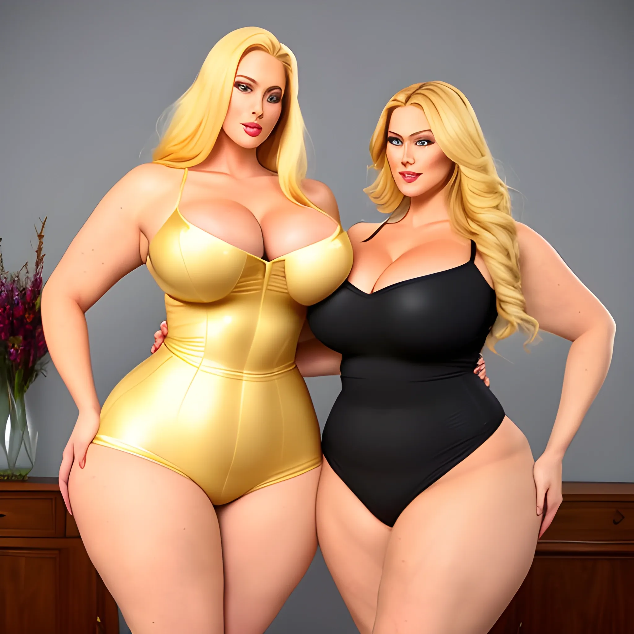 huge and very tall, beautiful, plus size, friendly beautiful blonde girl broad shoulders, slightly muscular,  golden blonde hair, full voluptuous hourglass body and long big thighs and big legs in short tight dress, in beautiful house next to her slightly shorter blonde daughters with similar body type hugging and kissing her 