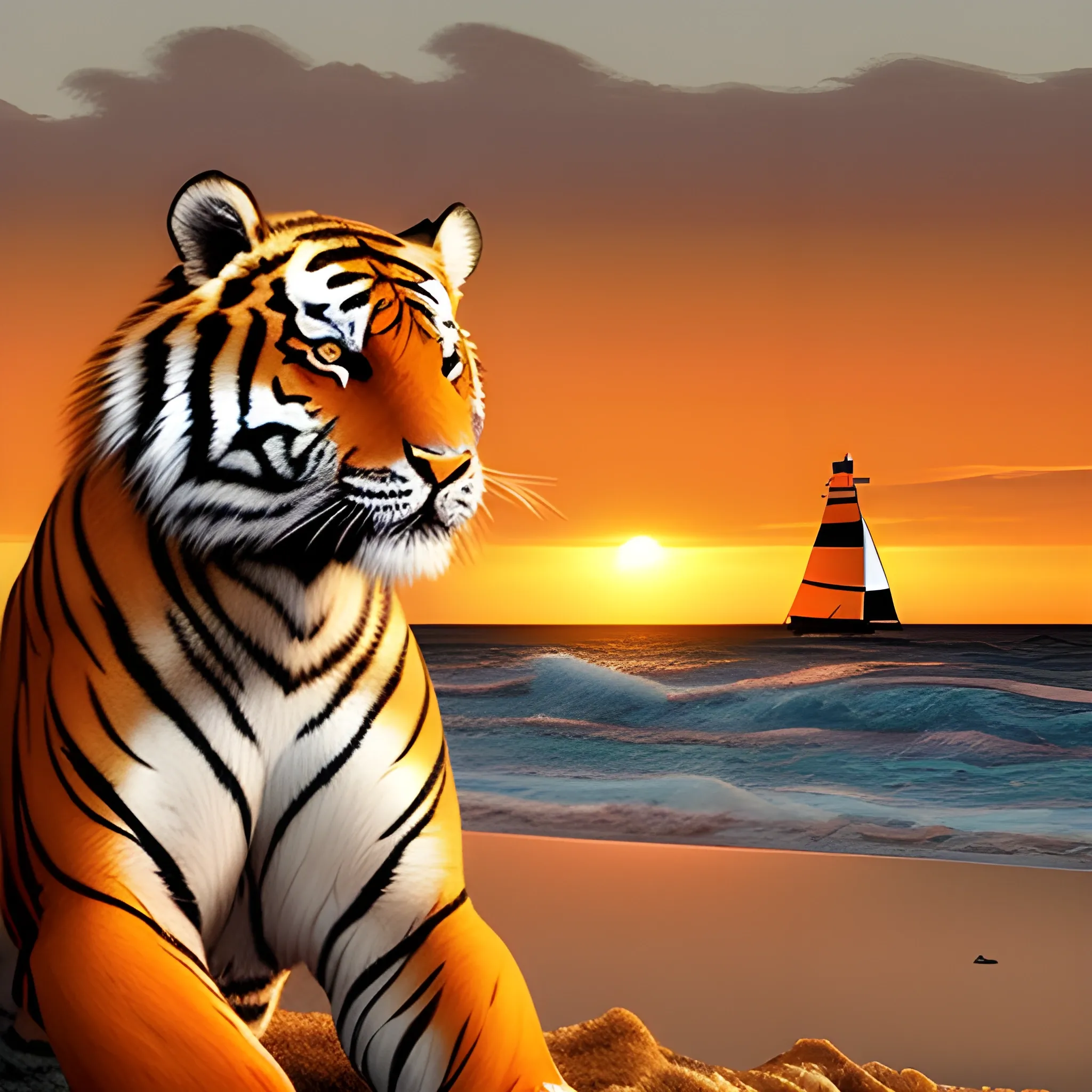 a majestic tiger with orange and black fur resting on a white sand beach. The sea is rough, with large waves breaking on the shore. Near the beach, there is a sailboat with its sails spread, sailing in the strong wind. In the distance, you can see an imposing lighthouse partially illuminated by the sun setting on the horizon, 3D