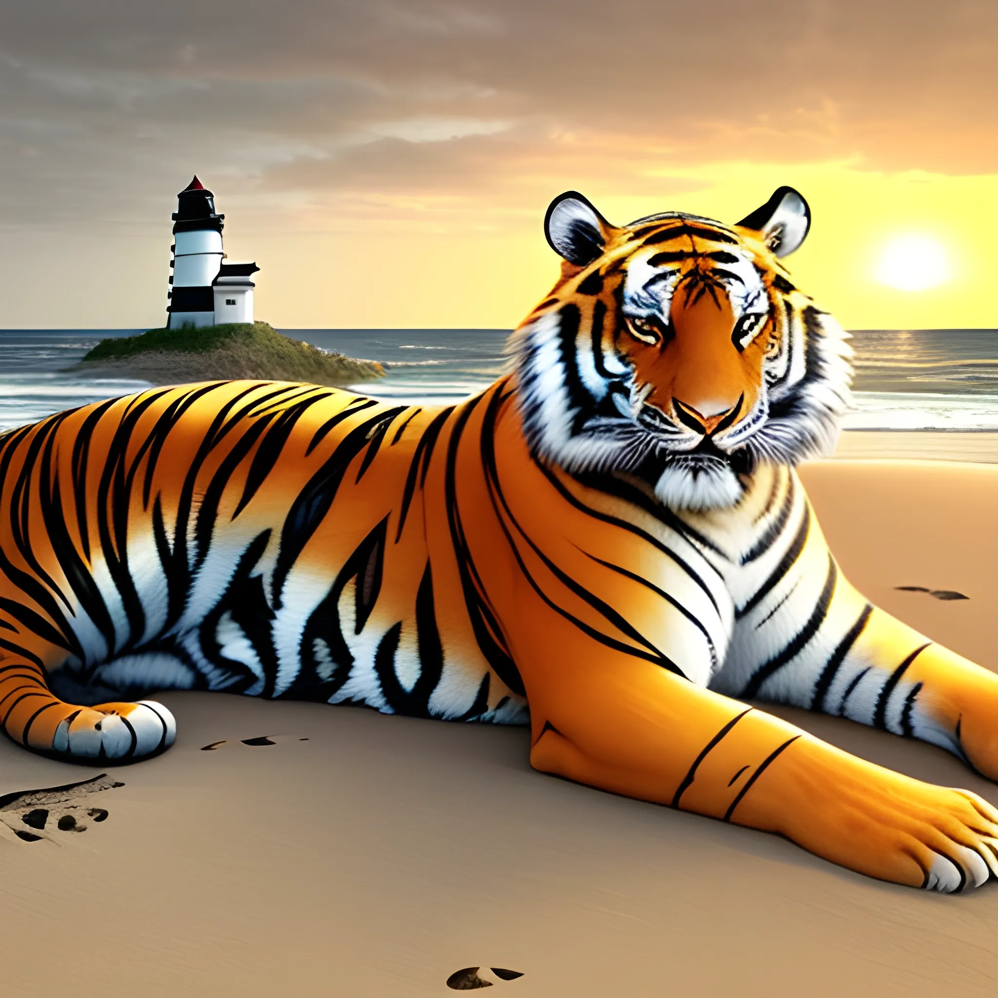 a majestic tiger with orange and black fur resting on a white sand beach. The sea is rough, with large waves breaking on the shore. Near the beach, there is a sailboat with its sails spread, sailing in the strong wind. In the distance, you can see an imposing lighthouse partially illuminated by the sun setting on the horizon, 3D, Water Color