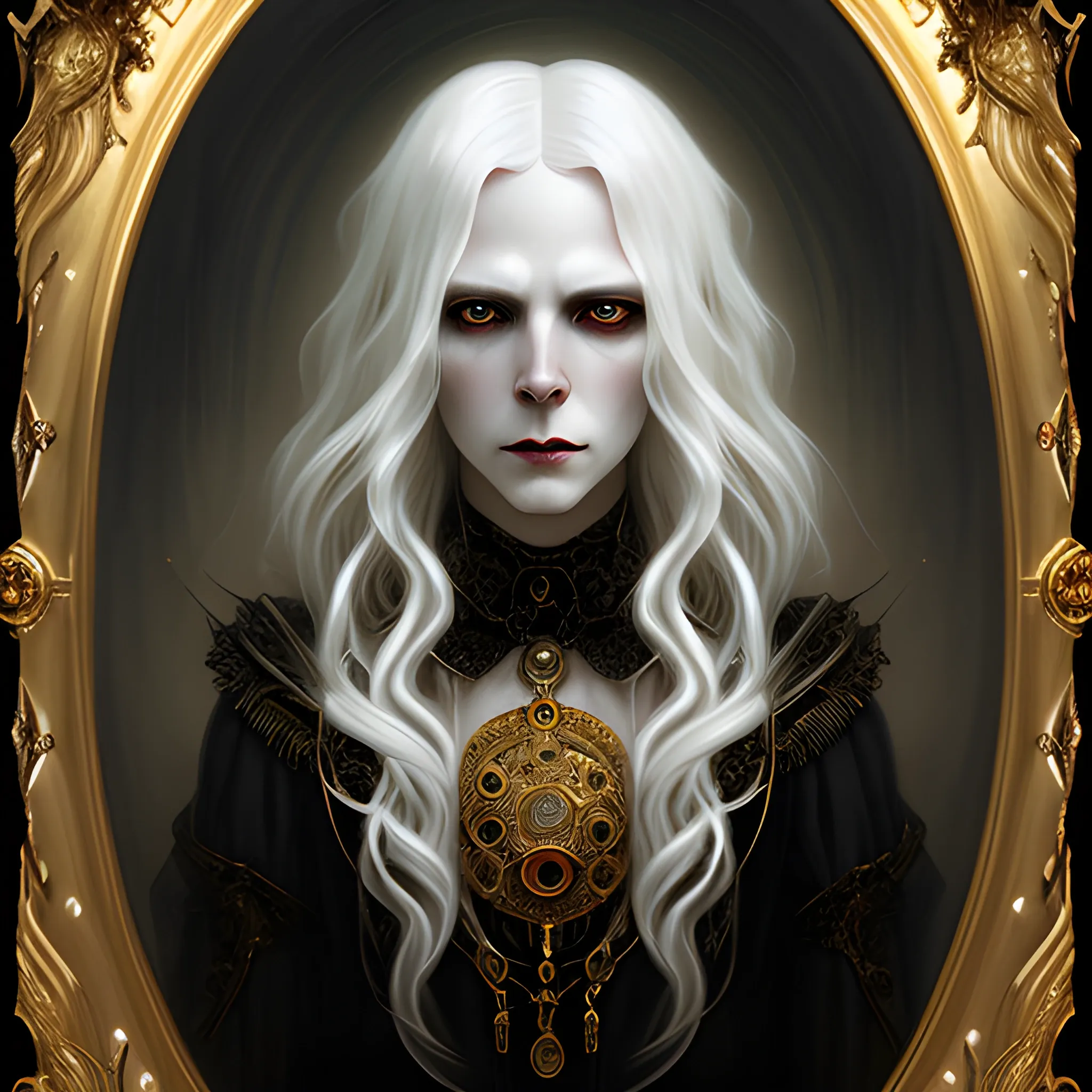 elegant gilded handsome vampire horror gothic long white hair ornate rococo intaglio by Tom Bagshaw and Seb McKinnon, highly detailed, dramatic lighting, volumetric, gold eyes, Oil Painting