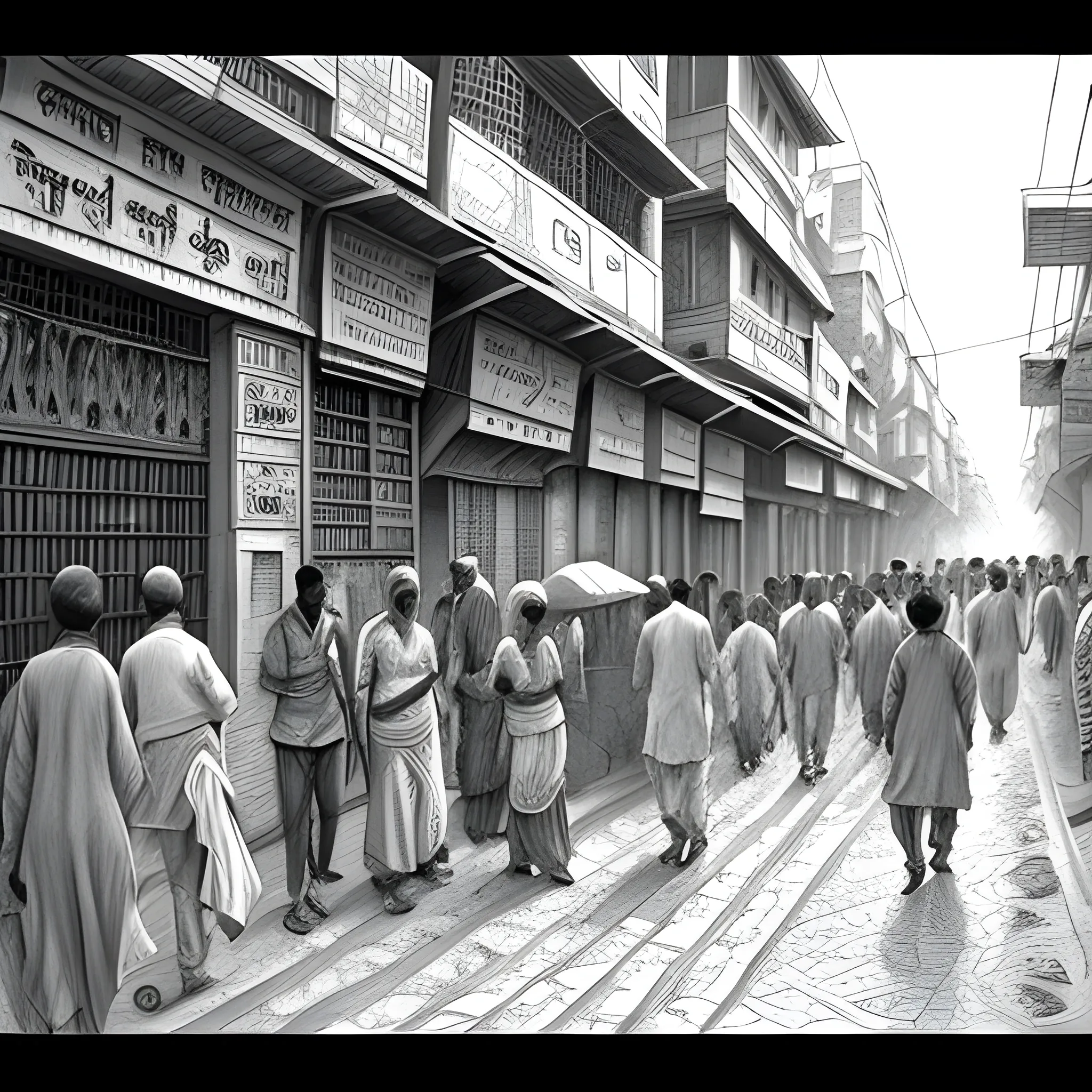 a old Delhi street plenty of people
, Pencil Sketch