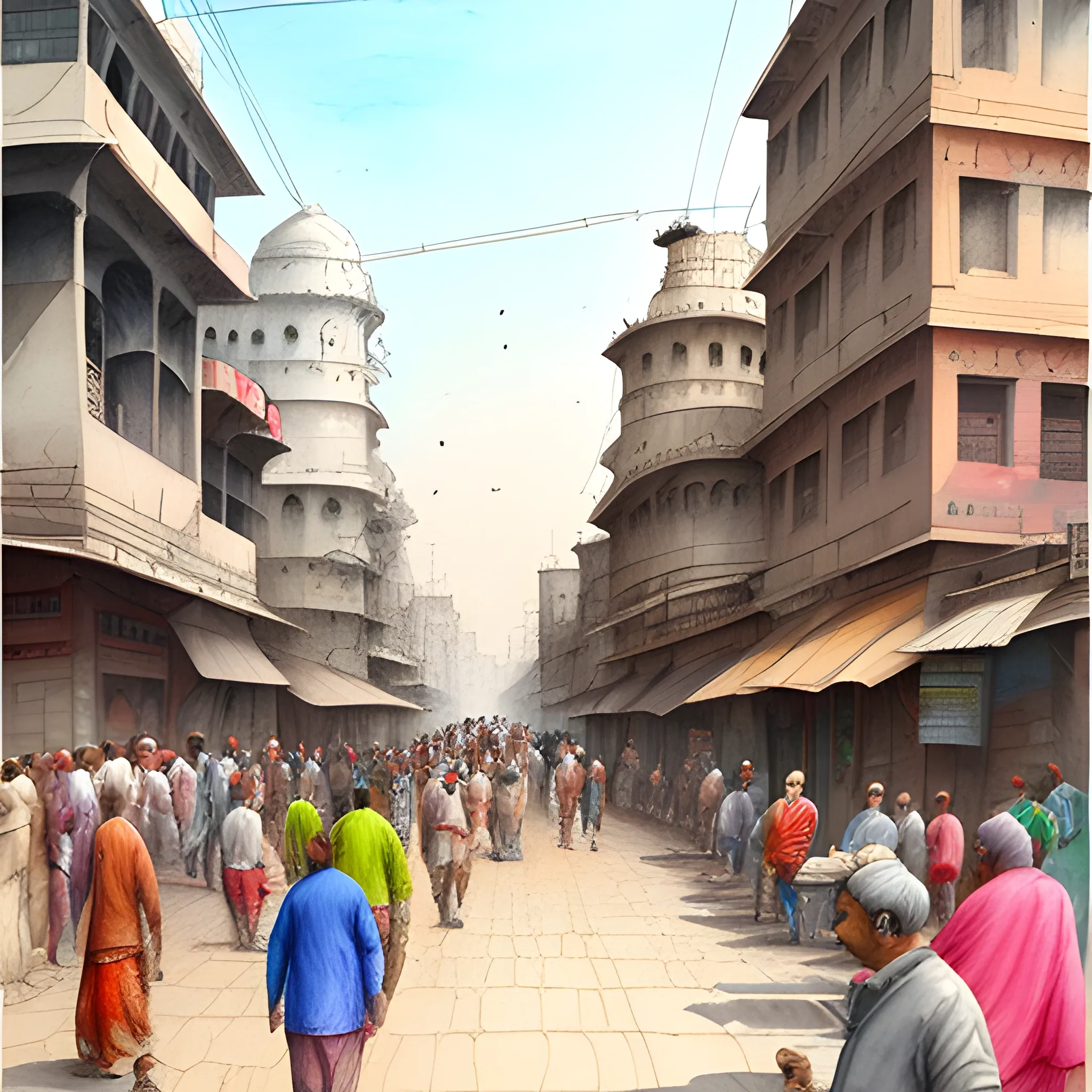 a old Delhi street plenty of people
, Pencil Sketch, Water Color, Water Color, Oil Painting, 3D, Cartoon