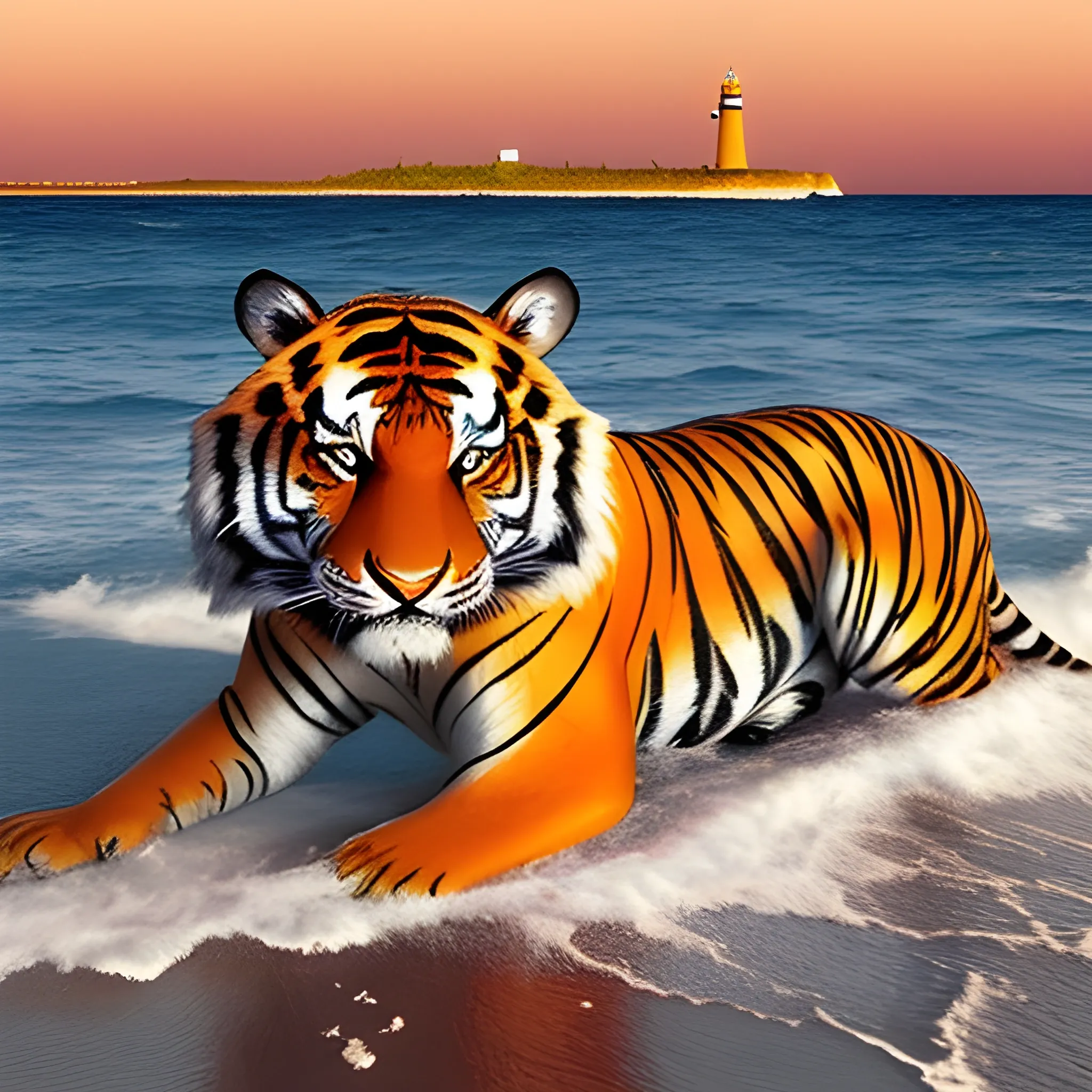 The image shows a majestic tiger with orange and black fur resting on a white sand beach. The sea is rough, with large waves breaking on the shore. Near the beach, there is a sailboat with its sails spread, sailing in the strong wind. In the distance, you can see an imposing lighthouse partially illuminated by the sun setting on the horizon, fantasy, fashion, stable diffusion
