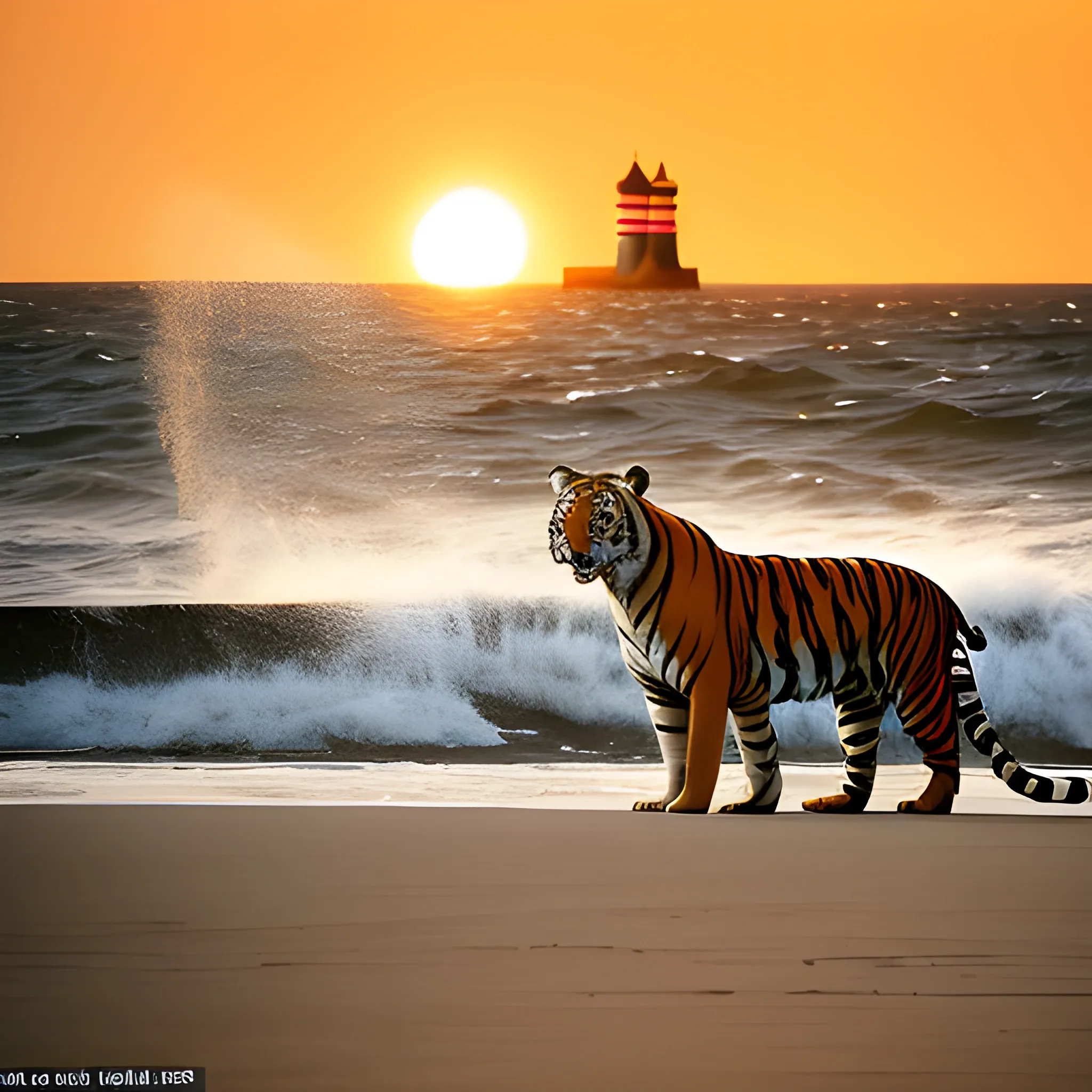 a majestic tiger with orange and black fur resting on a white sand beach. The sea is rough, with large waves breaking on the shore. Near the beach, there is a sailboat with its sails spread, sailing in the strong wind. In the distance, you can see an imposing lighthouse partially illuminated by the sun setting on the horizon, "width": 512, "height": 768
