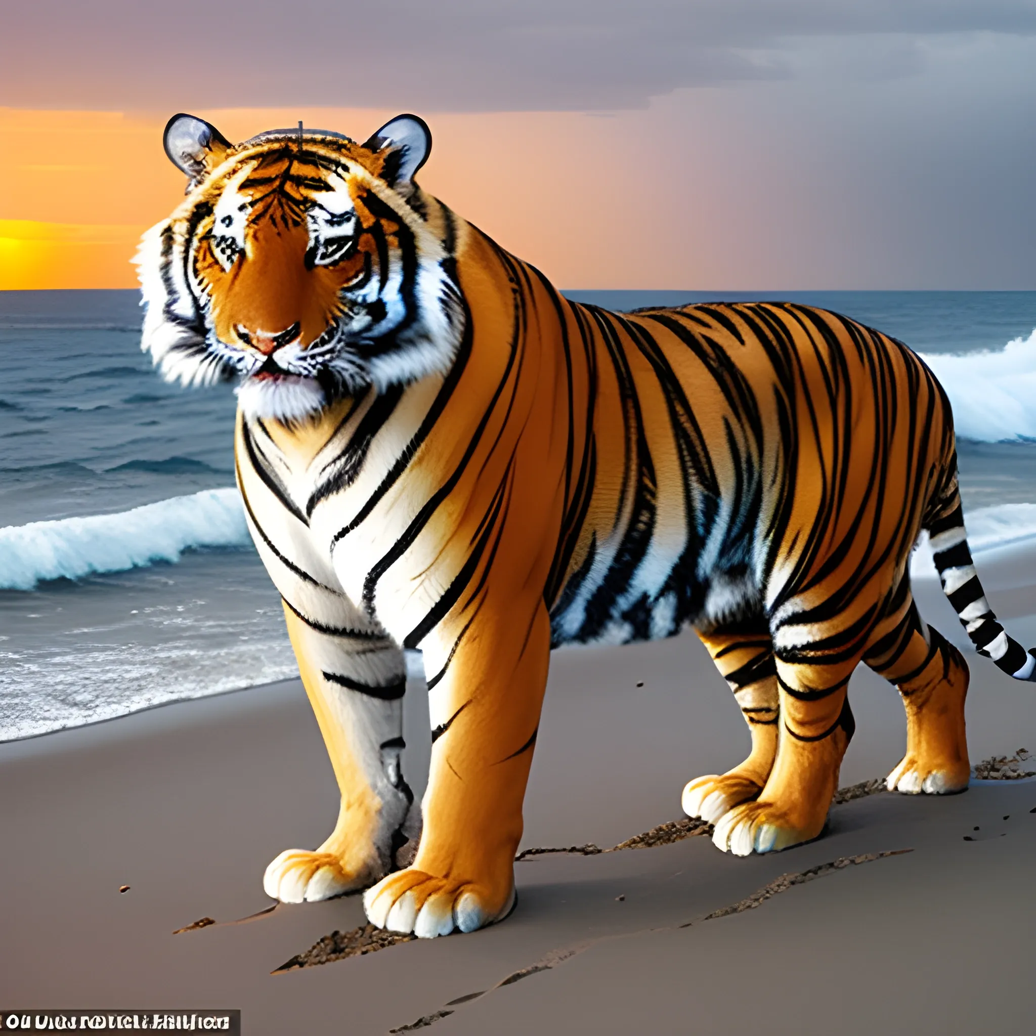 a majestic tiger with orange and black fur resting on a white sand beach. The sea is rough, with large waves breaking on the shore. Near the beach, there is a sailboat with its sails spread, sailing in the strong wind. In the distance, you can see an imposing lighthouse partially illuminated by the sun setting on the horizon, width: 512, height: 768
