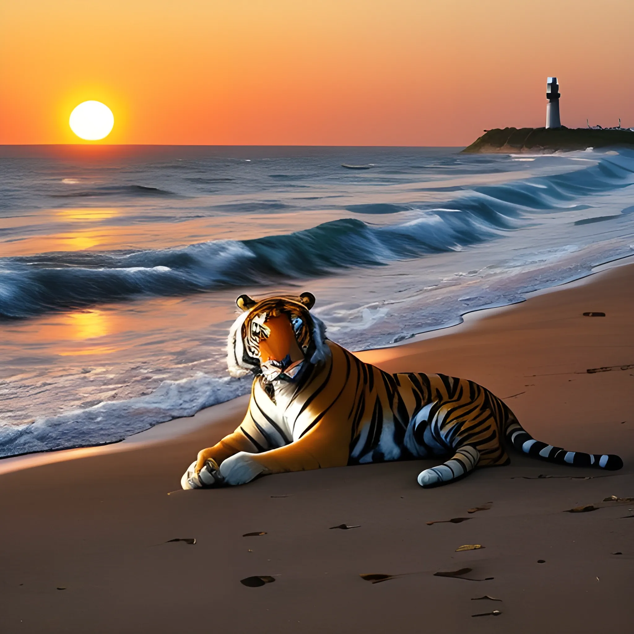 a majestic tiger with orange and black fur resting on a white sand beach. The sea is rough, with large waves breaking on the shore. Near the beach, there is a sailboat with its sails spread, sailing in the strong wind. In the distance, you can see an imposing lighthouse partially illuminated by the sun setting on the horizon, width 512, height 768
