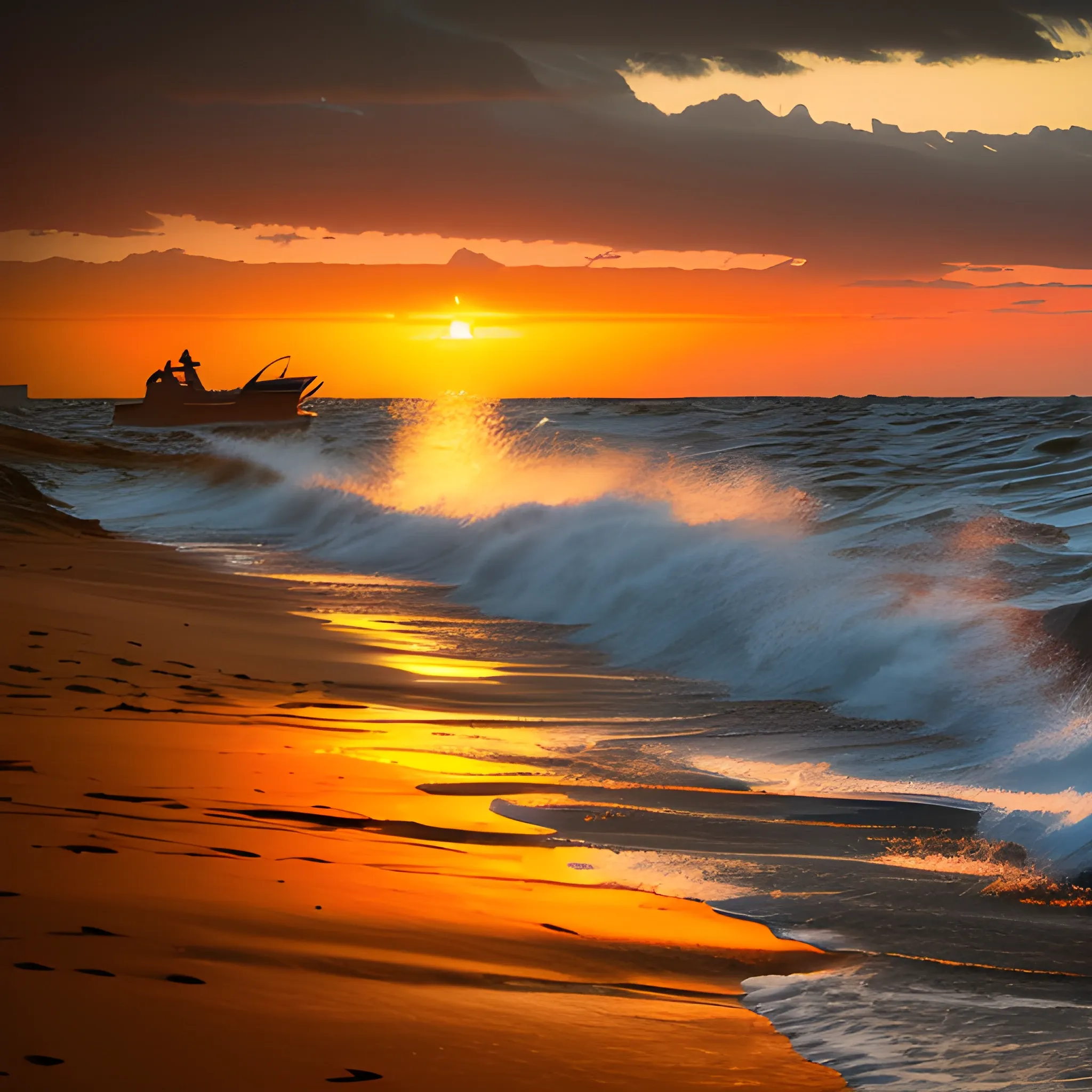 a majestic tiger with orange and black fur resting on a white sand beach. The sea is rough, with large waves breaking on the shore. Near the beach, there is a sailboat with its sails spread, sailing in the strong wind. In the distance, you can see an imposing lighthouse partially illuminated by the sun setting on the horizon, cinematic, 4k
