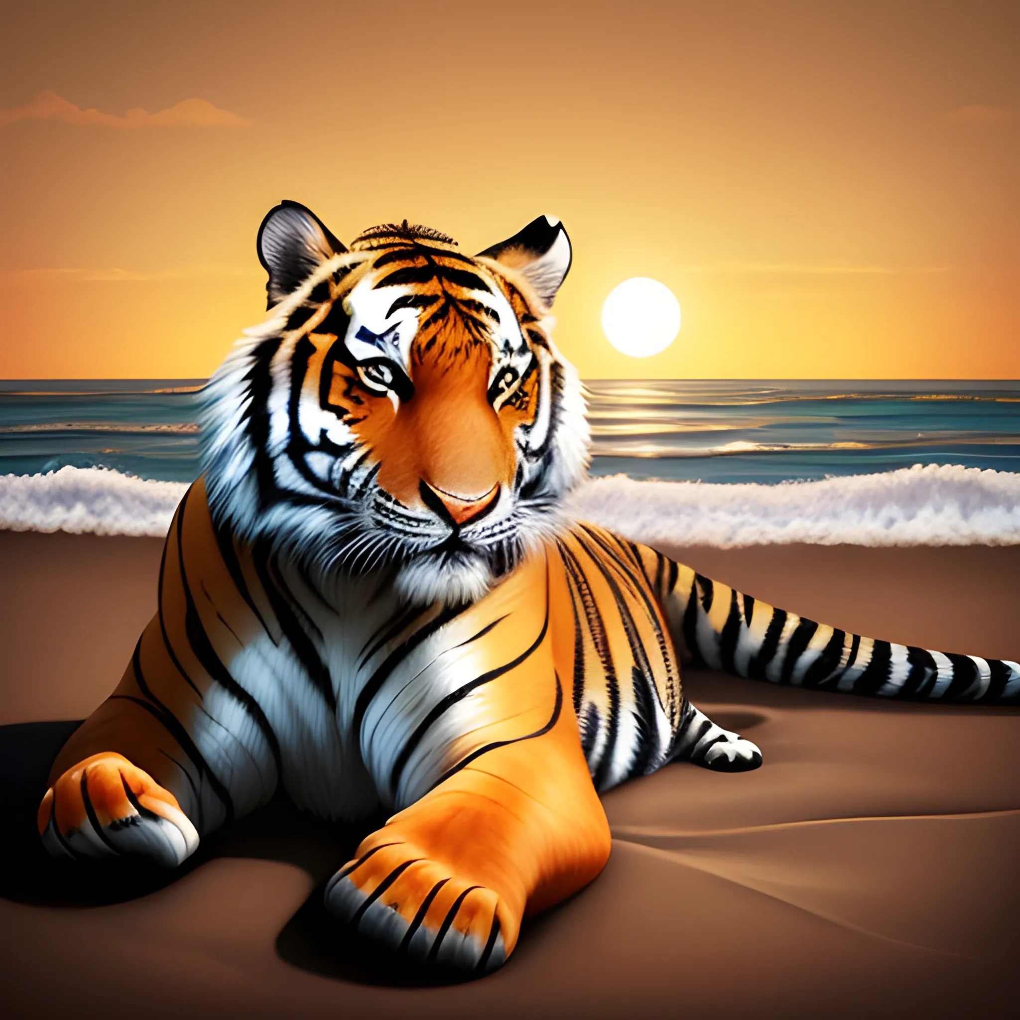 a majestic tiger with orange and black fur resting on a white sand beach. The sea is rough, with large waves breaking on the shore. Near the beach, there is a sailboat with its sails spread, sailing in the strong wind. In the distance, you can see an imposing lighthouse partially illuminated by the sun setting on the horizon, cinematic, 4k, hyperrealism, very realistic
