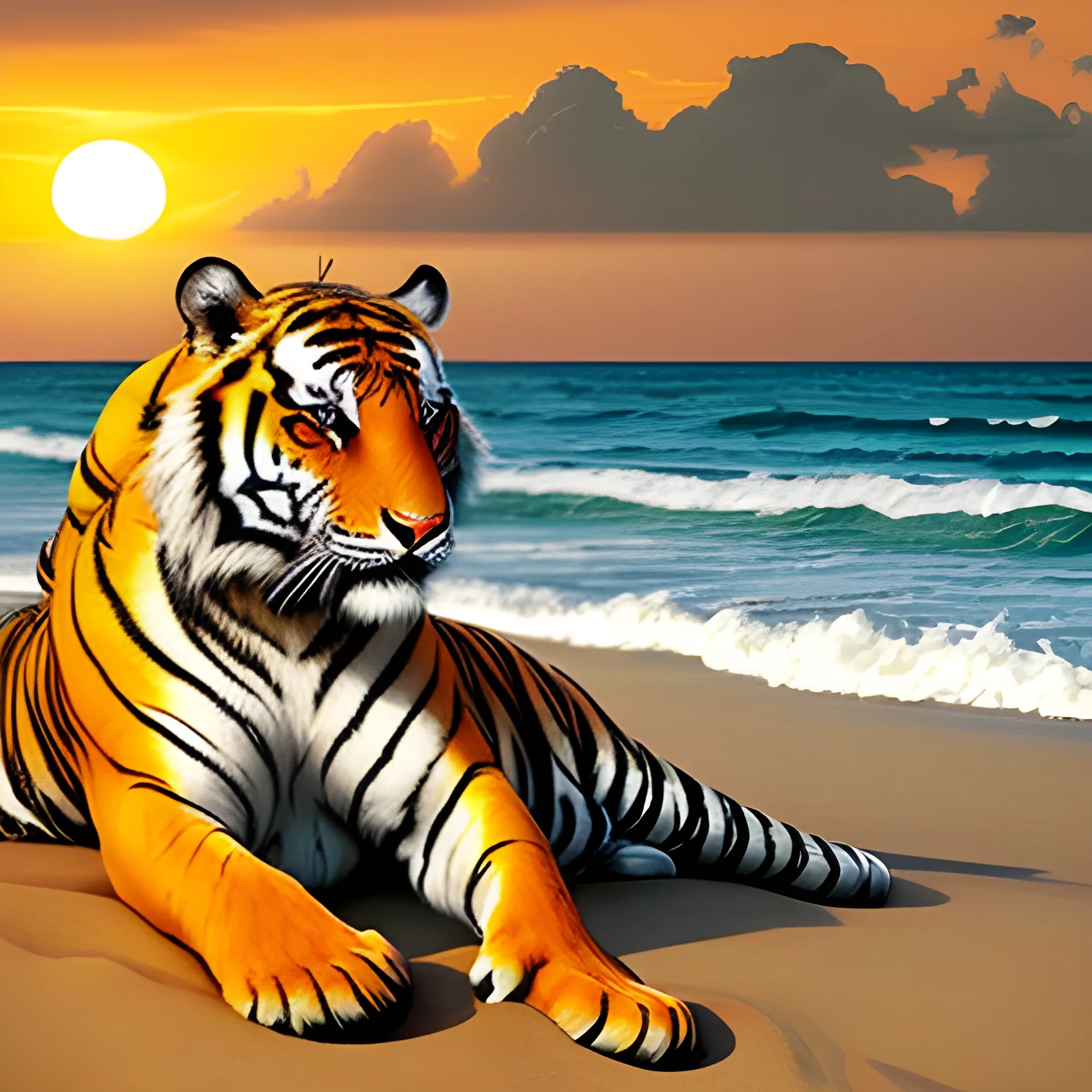 a majestic tiger with orange and black fur resting on a white sand beach. The sea is rough, with large waves breaking on the shore. Near the beach, there is a sailboat with its sails spread, sailing in the strong wind. In the distance, you can see an imposing lighthouse partially illuminated by the sun setting on the horizon, size 512x768