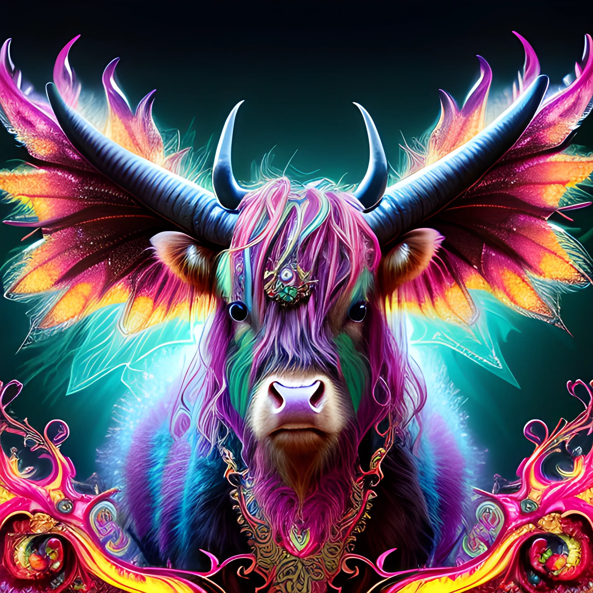 Highland cow, fire psychedelic, cute eyes, dragon wings, bear claws, peacock feathers, filigree laser fractal details, glistening shiny scales, intricate ornate hypermaximalist sharp focus, dramatic lighting, highly detailed and intricate, hyper maximalist, ornate, photographic style, luxury, elite, haunting matte painting, cinematic, Trippy