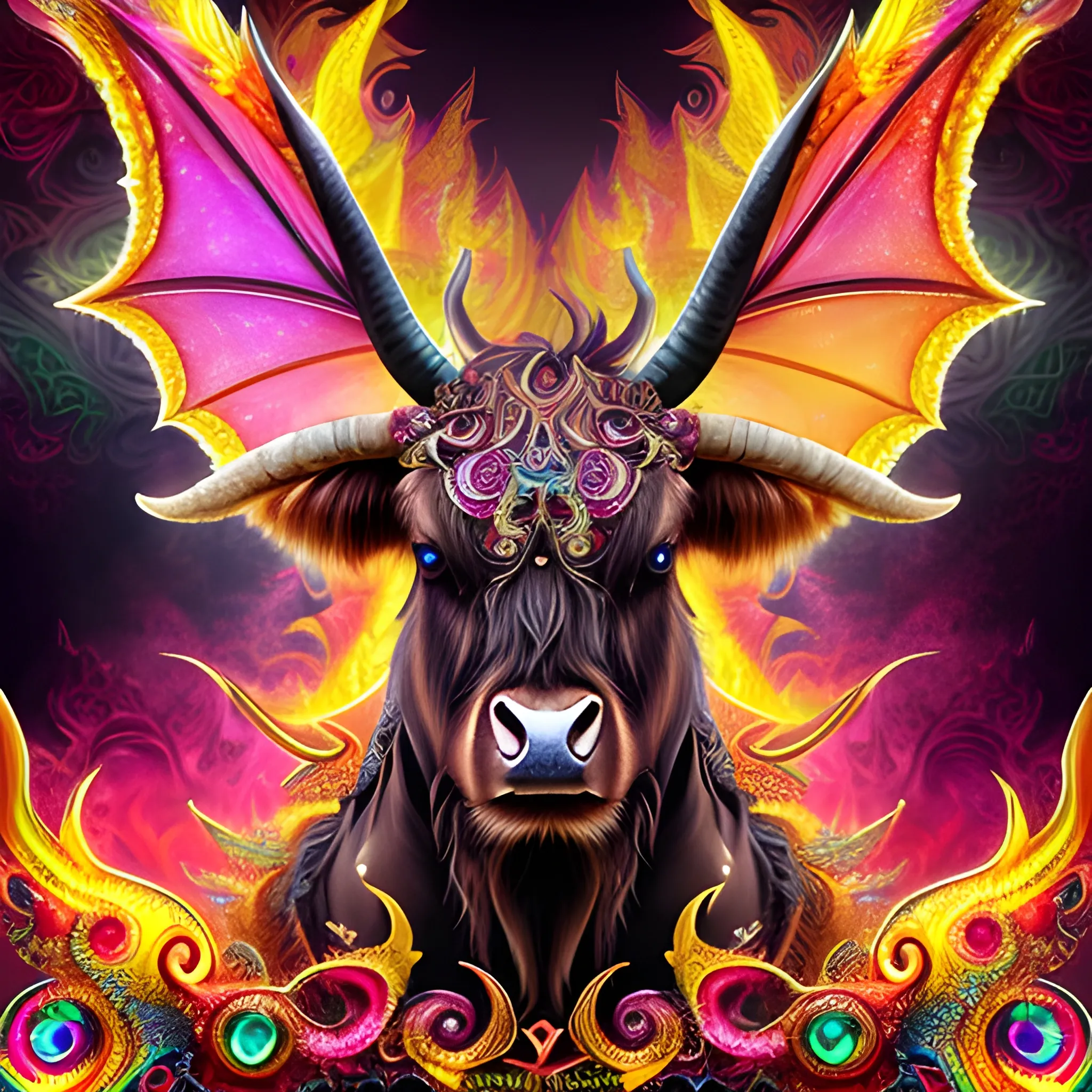 dragon highland Cow,  fire psychedelic, cute eyes, dragon wings, bear claws, peacock feathers, filigree laser fractal details, glistening shiny scales, intricate ornate hypermaximalist sharp focus, dramatic lighting, highly detailed and intricate, hyper maximalist, ornate, photographic style, luxury, elite, haunting matte painting, cinematic