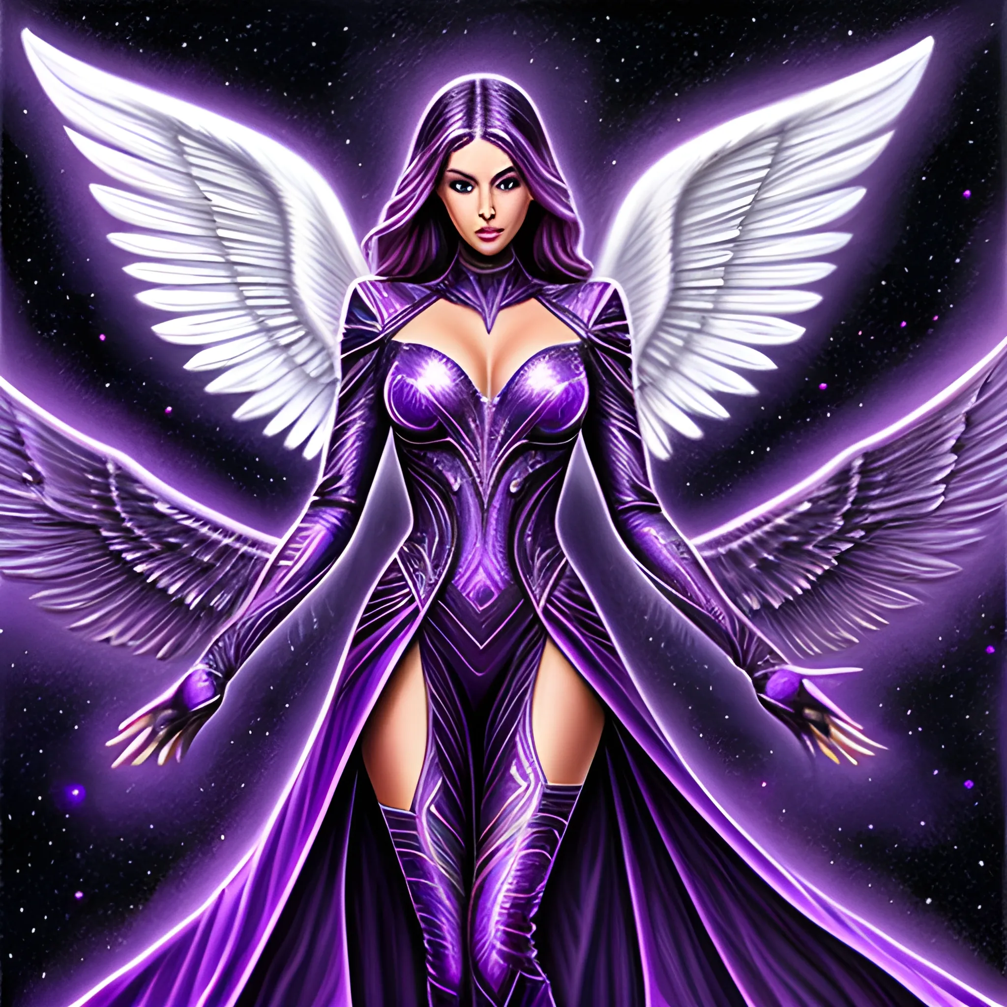 Beautiful girl wearing angel costume, mysterious space style, ultra high definition image, dark purple color, intricate pattern, Pencil Sketch, 3D