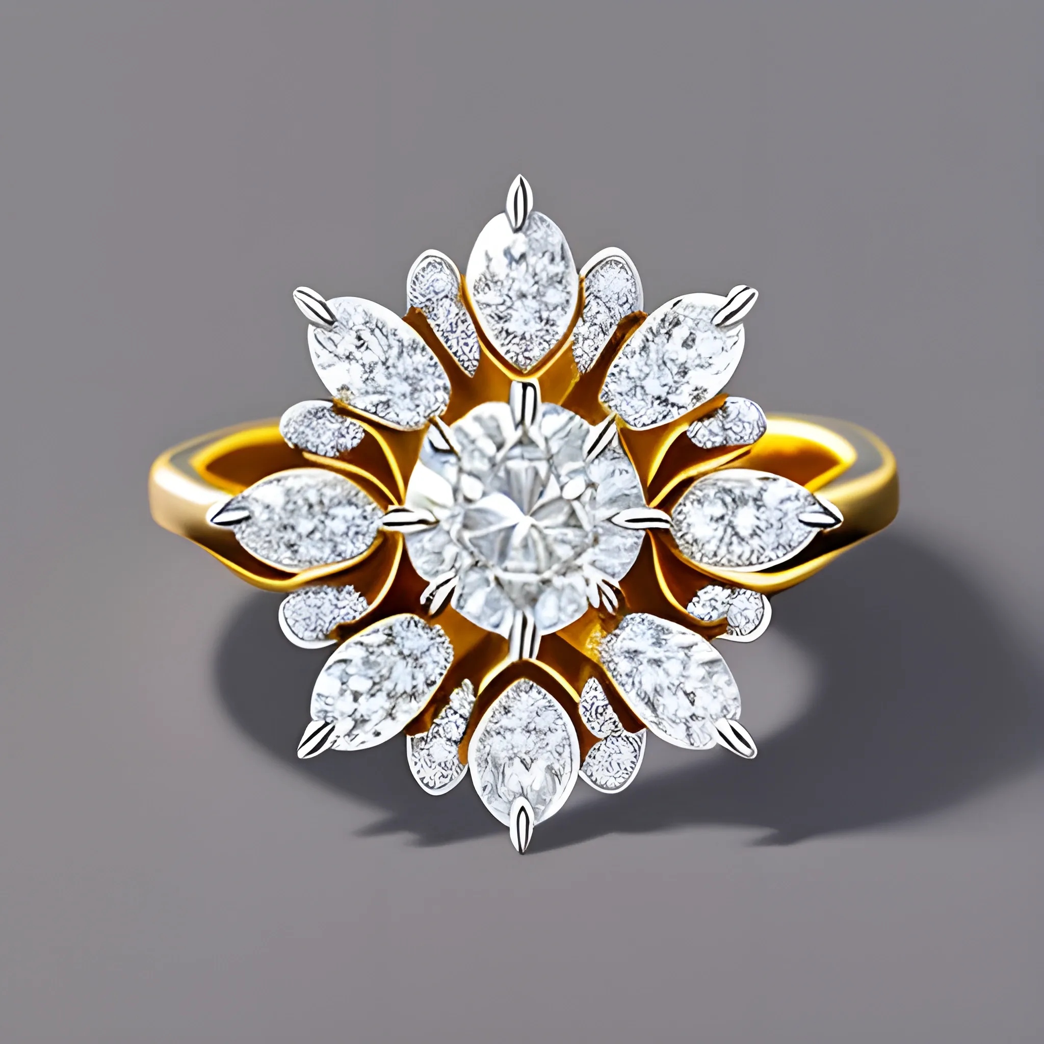 , Pencil Sketch Create a flower-shaped ring with a central white half-carat diamond surrounded by 6 drop-shaped diamonds in various shades of brown, resembling petals. The petals should be adorned with tiny gold beads, seamlessly fitting around the central brilliant.