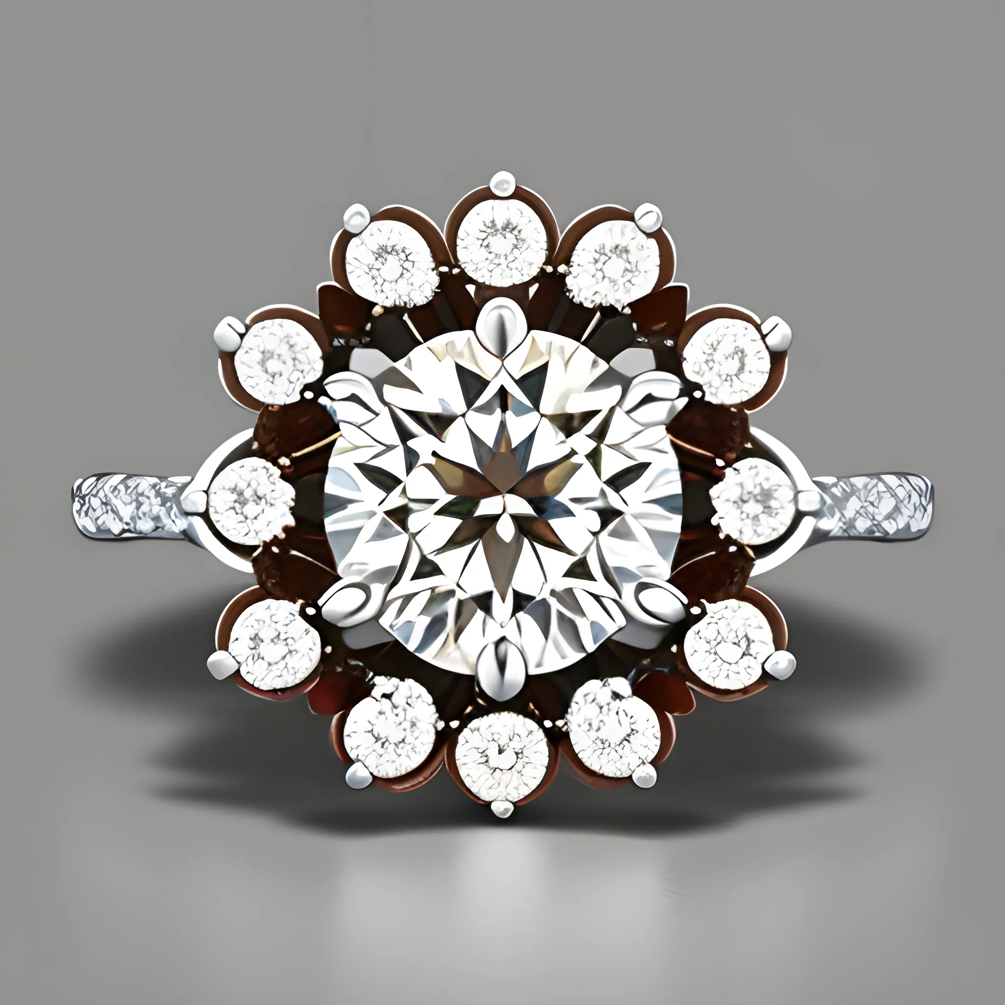 , Pencil Sketch Create a flower-shaped ring with a central white half-carat diamond surrounded by 6 drop-shaped diamonds in  shades of brown, fitting around the central brilliant
